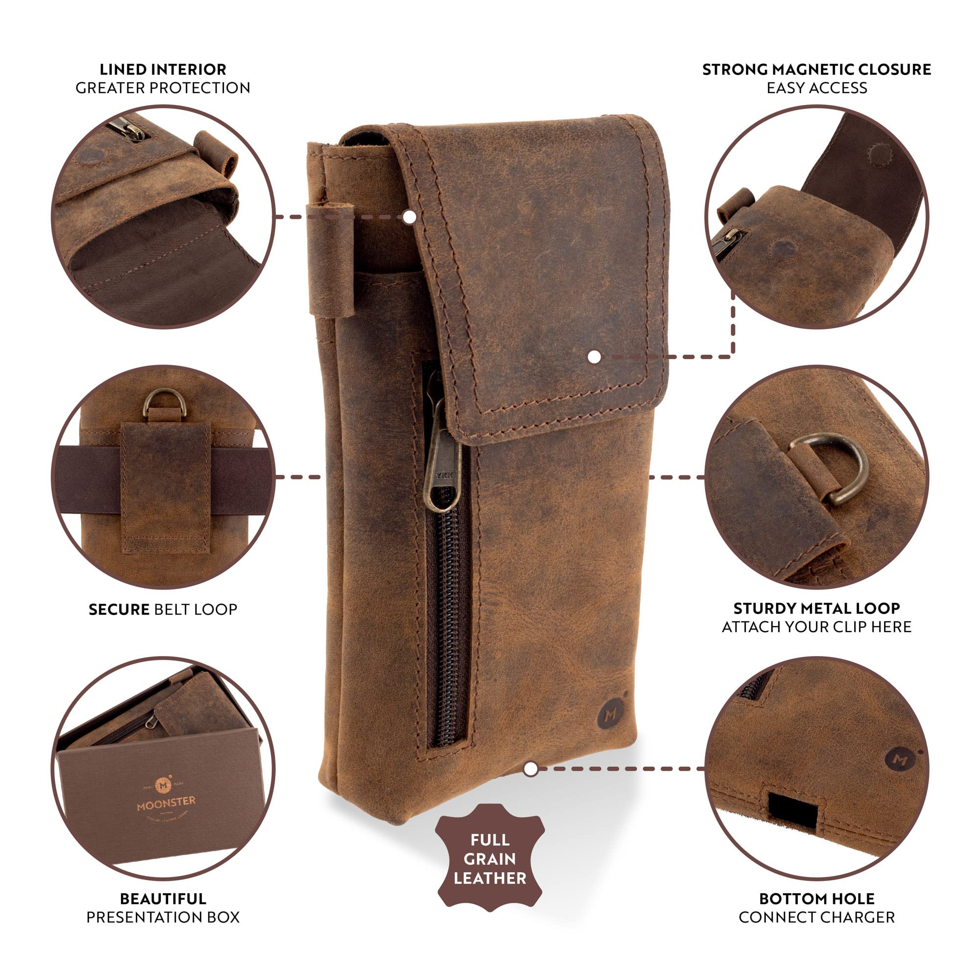 MOONSTER® Leather Phone Holster - Full-Grain Buffalo Leather, 7” H x 3.5” W, Brown, Secure Belt Holder for Large Smartphones