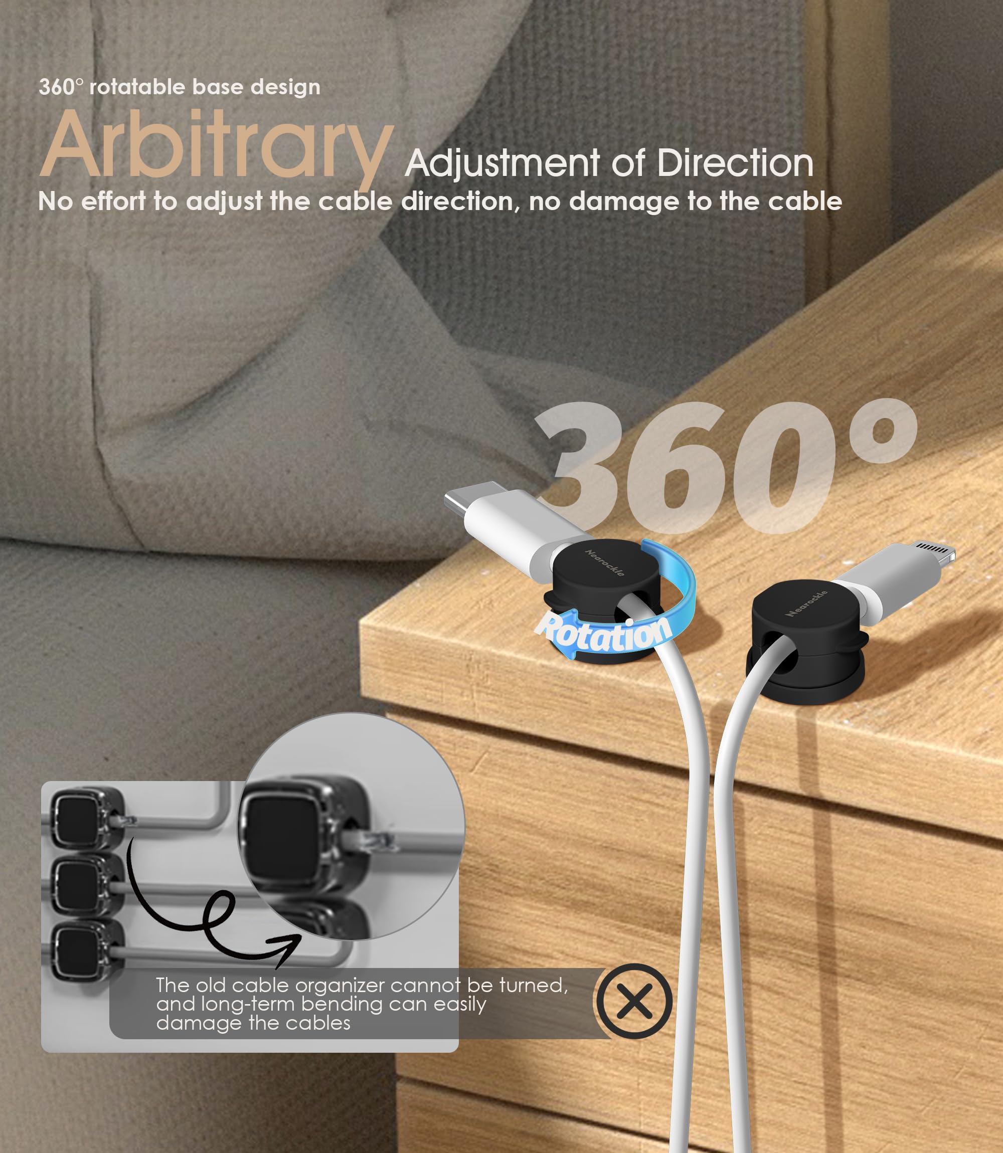 9 Pack Spring Cord Organizer Cable Clips [Locking Cable Rotatable], 2025 Latest Nearockle Phone Charging Cord Holder Cable Manag