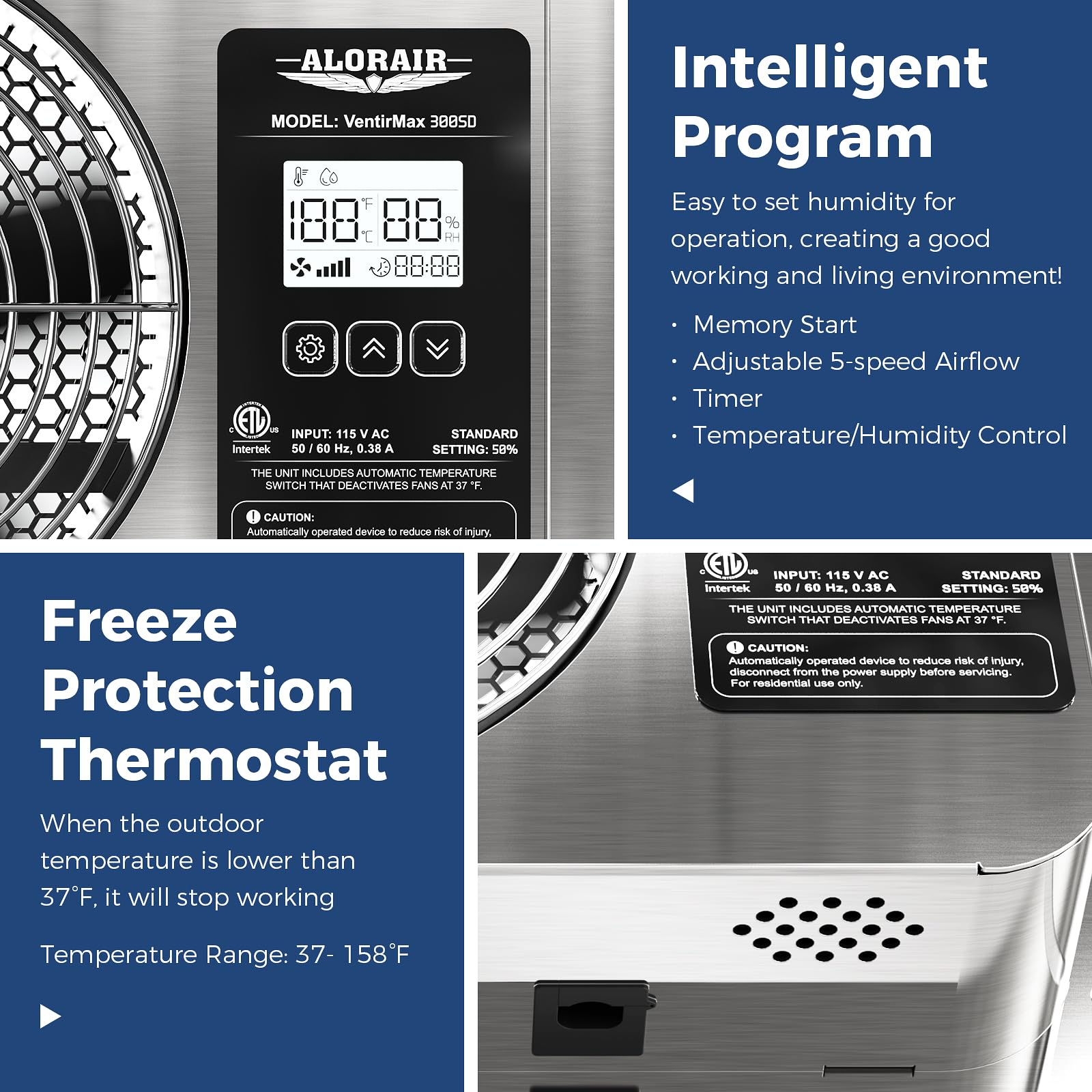 Alorair 300 Cfm Crawlspace Ventilator Fan With Humidistat, Stainless Steel Exhaust Vent Fans With Digital Display, Timing Cycle,