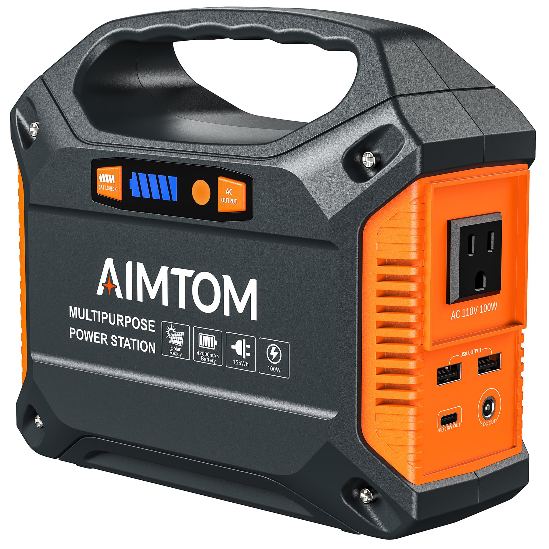 AIMTOM 155Wh Portable Power Station, 42000mAh Lithium Backup Battery with Flashlight, Solar Charging Option - 150W Peak (100W AC