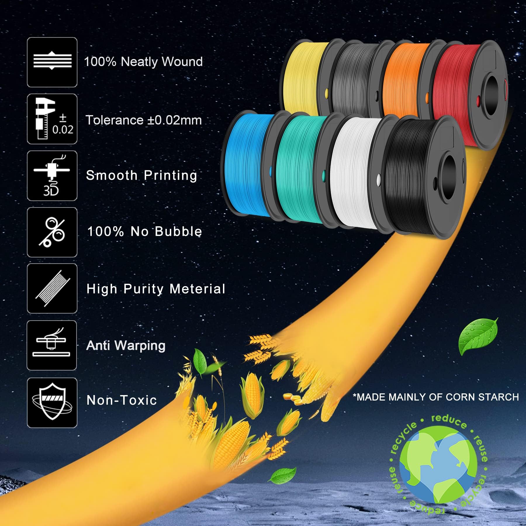 Sunlu 3D Printer Filament Pack, 0.25Kg Each Spool, Total 2Kg, Mini Spool, Pla+ Filament 1.75Mm, 8 Packs, Black+ White+ Grey+ Min