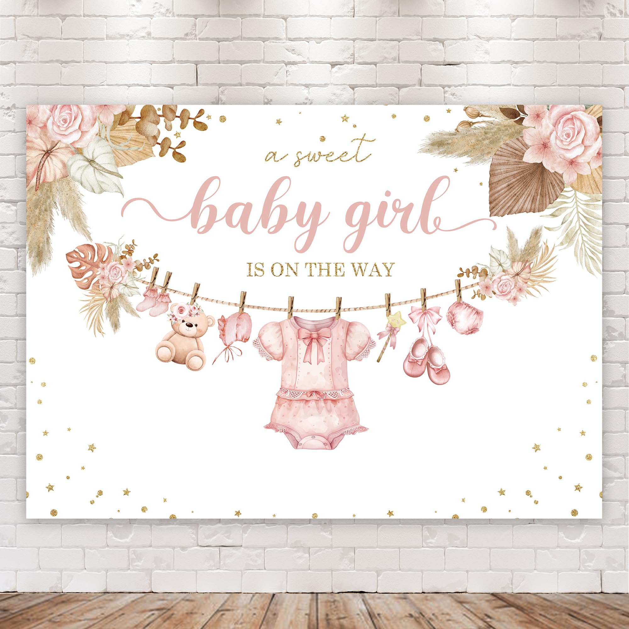 Riyidecor Sweet Girls Baby Shower Backdrop Boho Pink Floral Pampas Grass Watercolor Flower 7Wx5H Feet Polyester Fabric Cartoon B