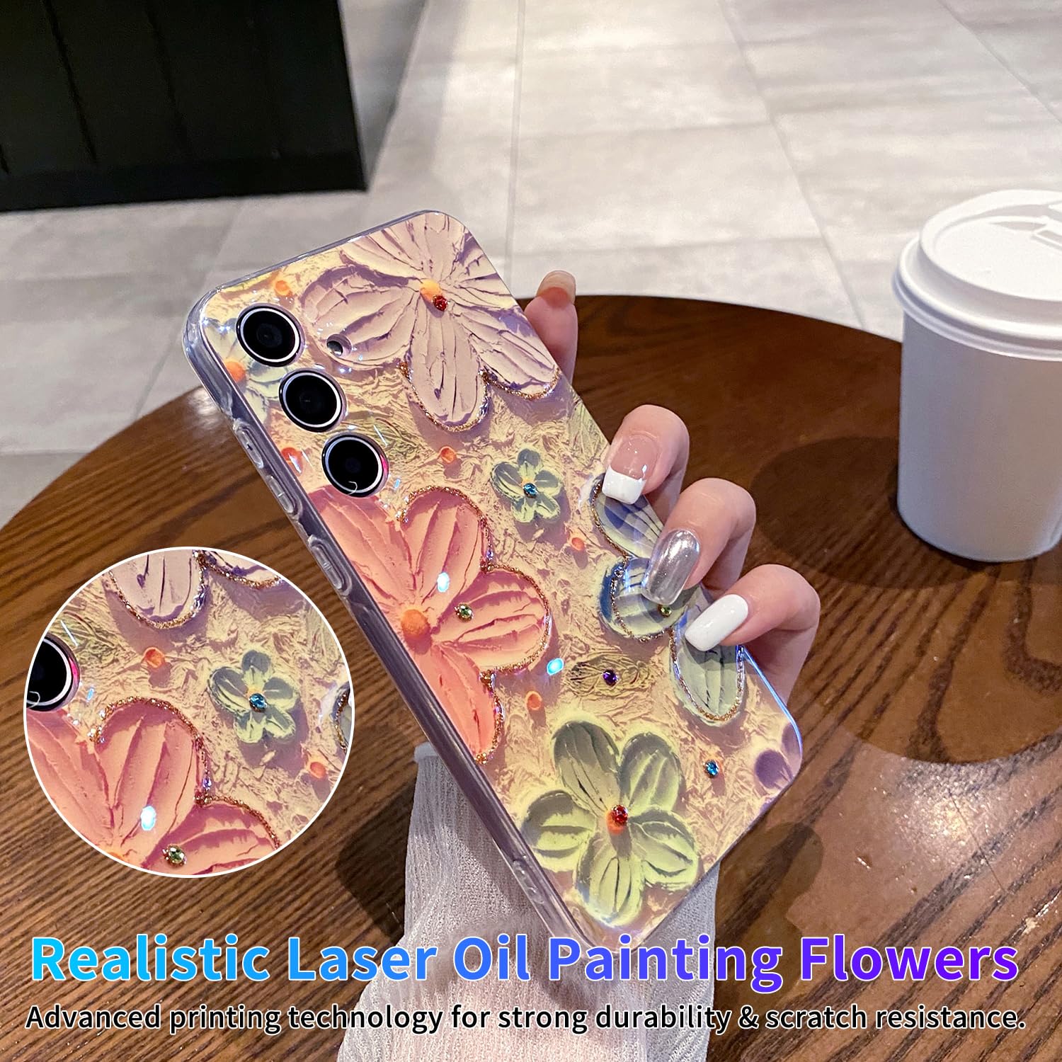 Leleyun Case For Samsung Galaxy S24, Colorful Retro Oil Painting Printed Flower Cute Pattern With Glitter Gem Phone Cover Durabl