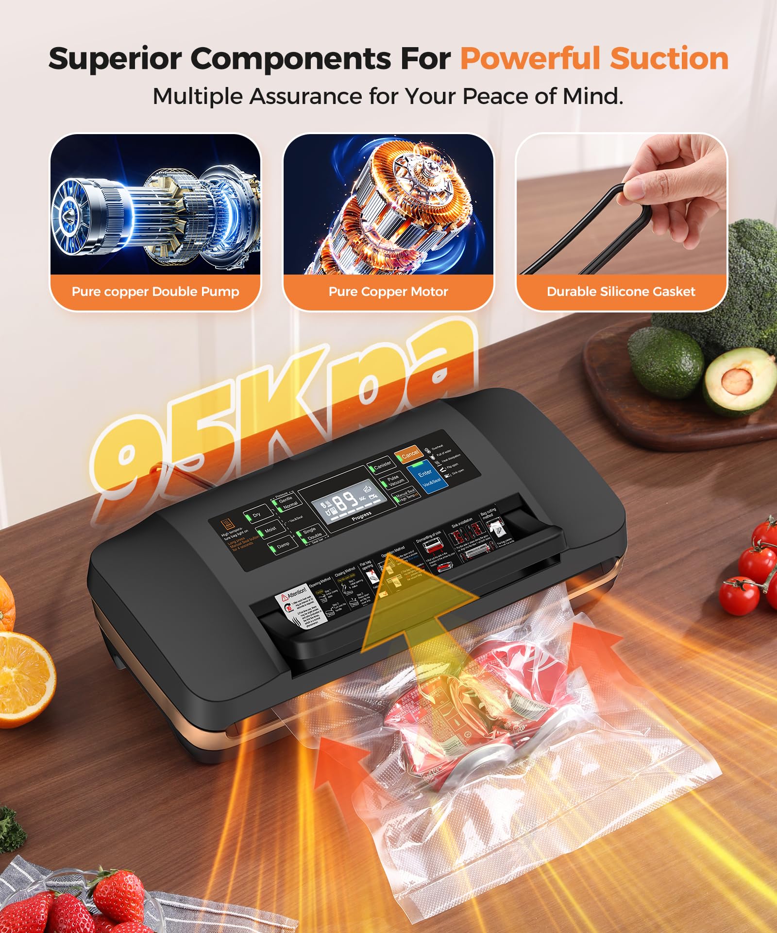95Kpa Vacuum Sealer Machine,Commercial Full Automatic Food Sealer,Powerful Sealing System With Double Heat Seal,Bags Storage, Ea