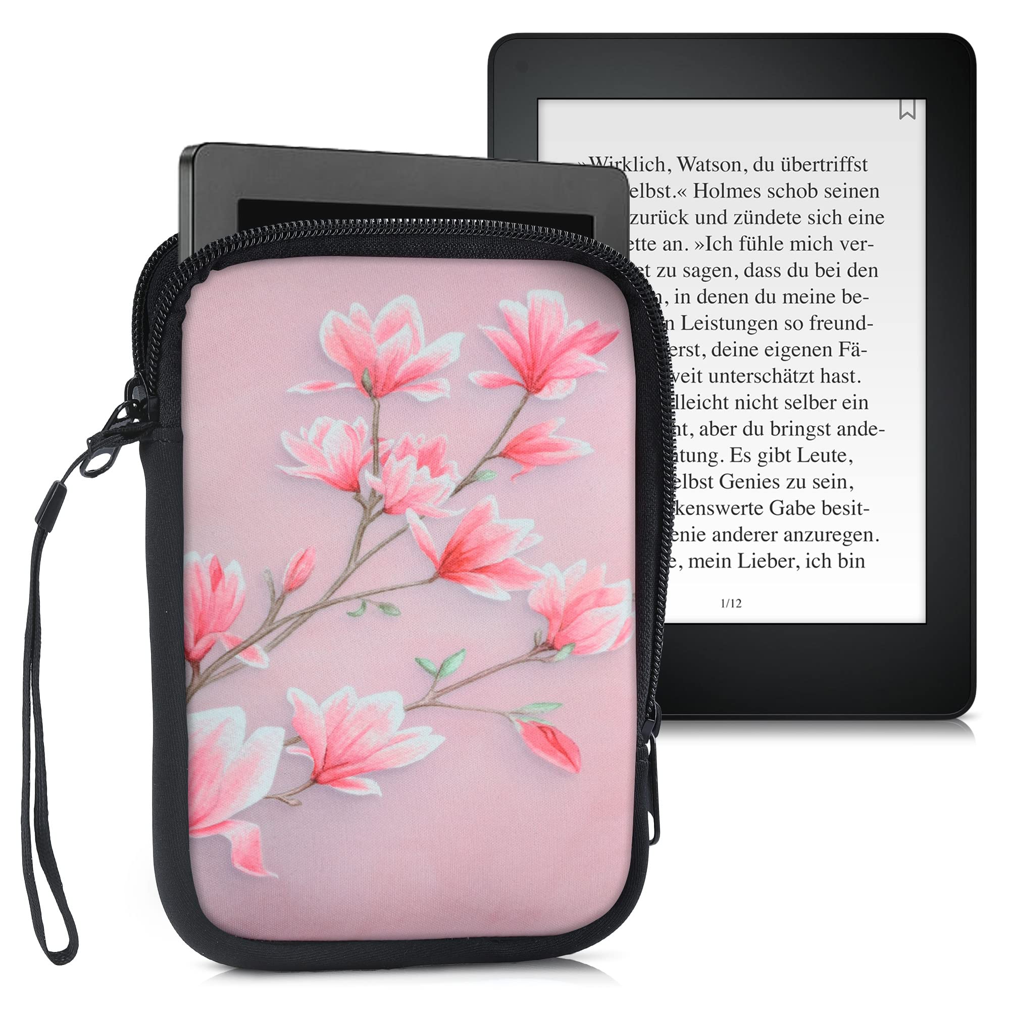 Kwmobile Neoprene E-Reader Pouch Size 6 Ereader - Universal Ebook Sleeve Case With Zipper, Wrist Strap - Pink/White/Dusty Pink