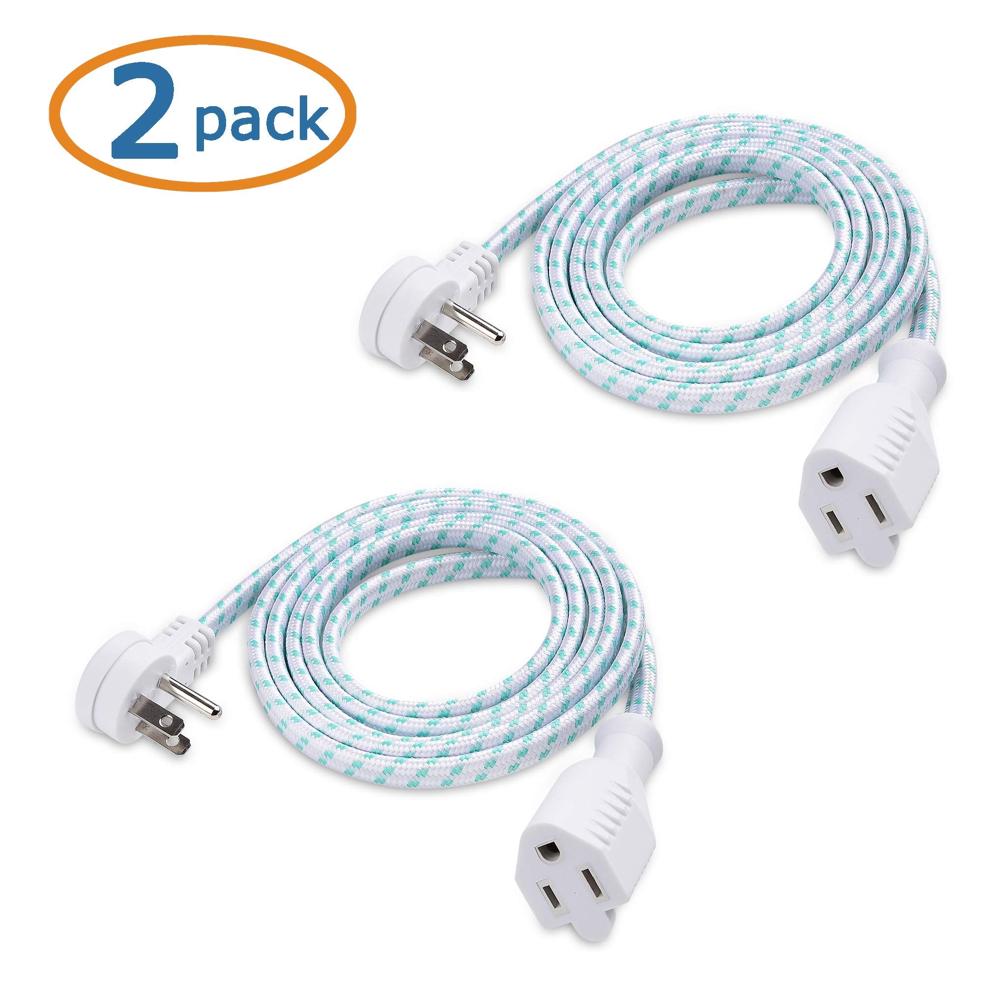 Cable Matters 2 Pack Braided Low Profile Flat Power Cord 6 Ft, 3 Prong (Flat Plug Extension Cord, Under Rug Power Extension Cord