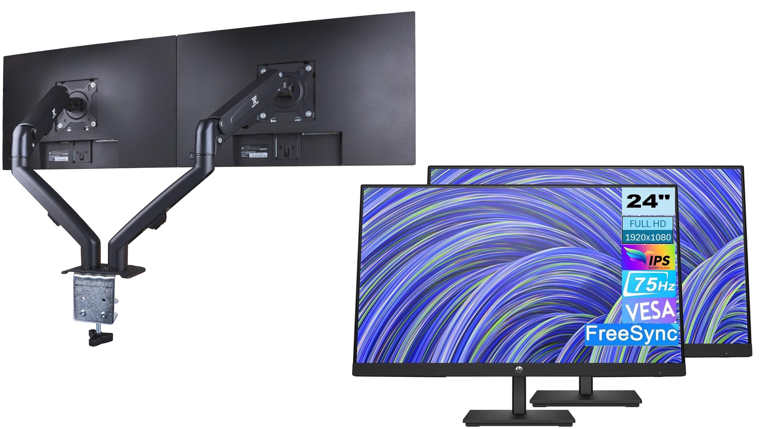 HP V24i 24 1080P Computer Monitor Bundle with ErgoFlexy Dual Monitor Mount, 24 IPS FHD (1920x1080) 75Hz Anti-Glare Display, AMD 