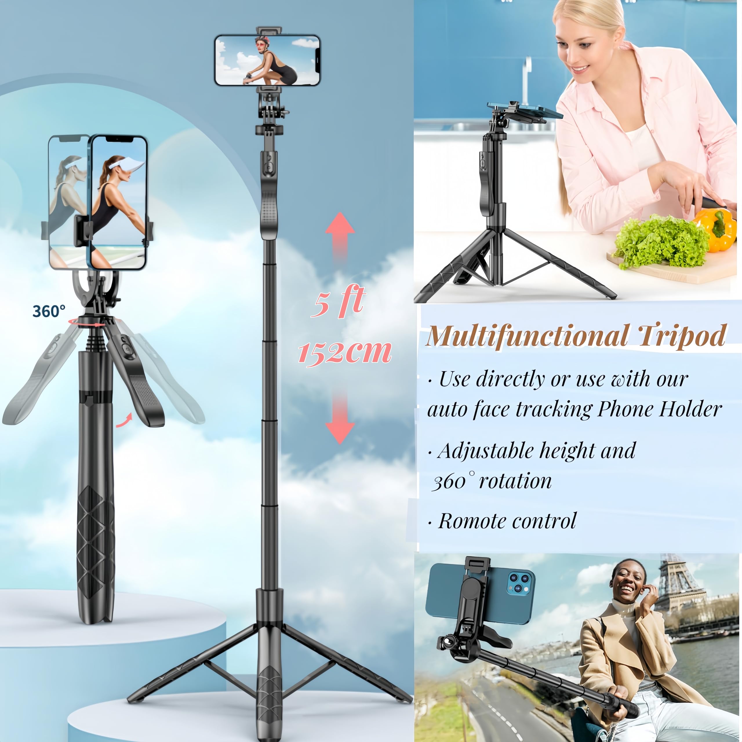 Auto Face Tracking Tripod, 360 Rotation Face Body Tracking Phone Holder, Rechargeable Smartphone Camera Mount Remote & Gesture C