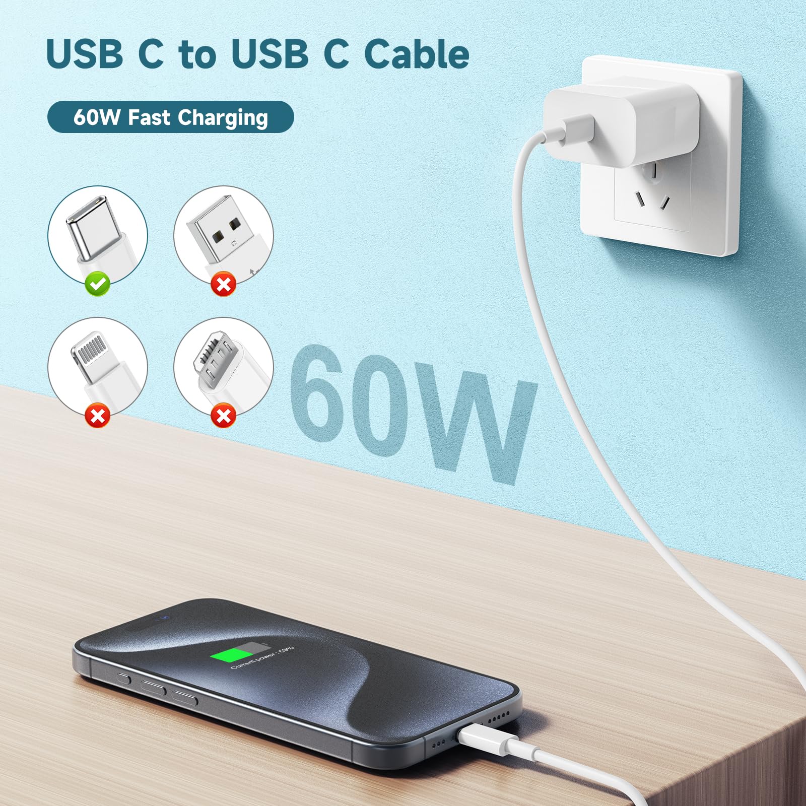 Chcela 60W Usb C To Usb C Cable [3Pack] Iphone 15 Fast Charging Cable,6Ft Long Usb C To Usbc Power Cord For Iphone 15/15 Pro/15