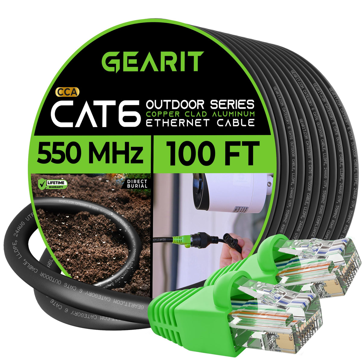 Gearit Rj45 Cat 6 Ethernet Patch Cable, 10Gpbs Transfer Speed, Gold Plated Connectors, Copper Clad, Outdoor, Uv Resistant, Direc