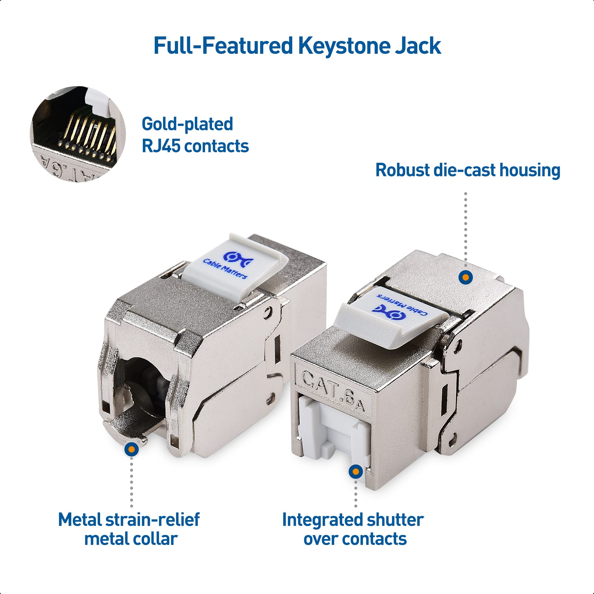 Cable Matters UL Listed 10Gbps 12 Pack RJ45 Shielded Cat6A / Cat6 Keystone Jack with Integrated Shutter