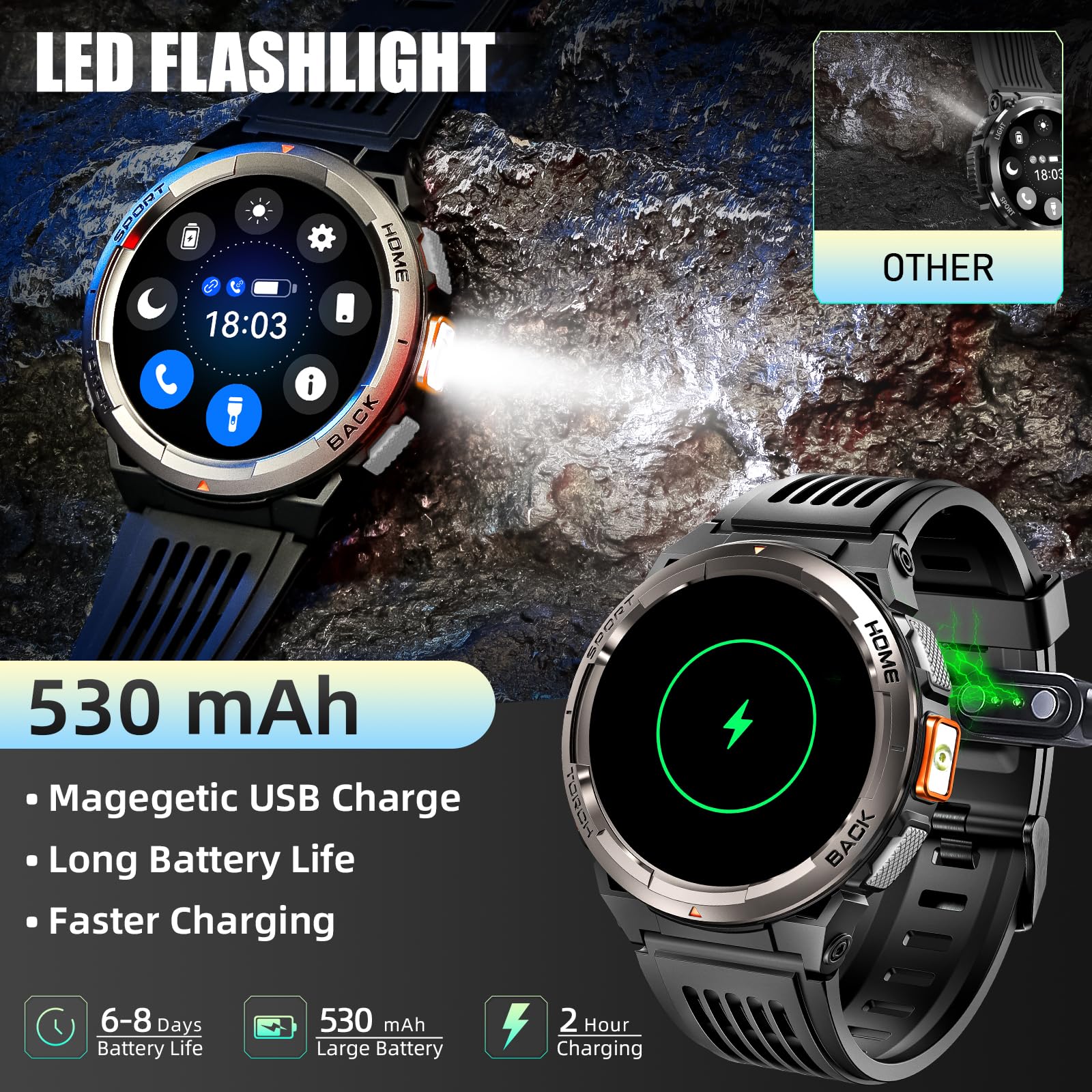 Military Smart Watch For Men With Call/Led Flashlight/3Atm Waterproof 1.45'' Hd Rugged Tactical Smartwatch With Compass Elevatio