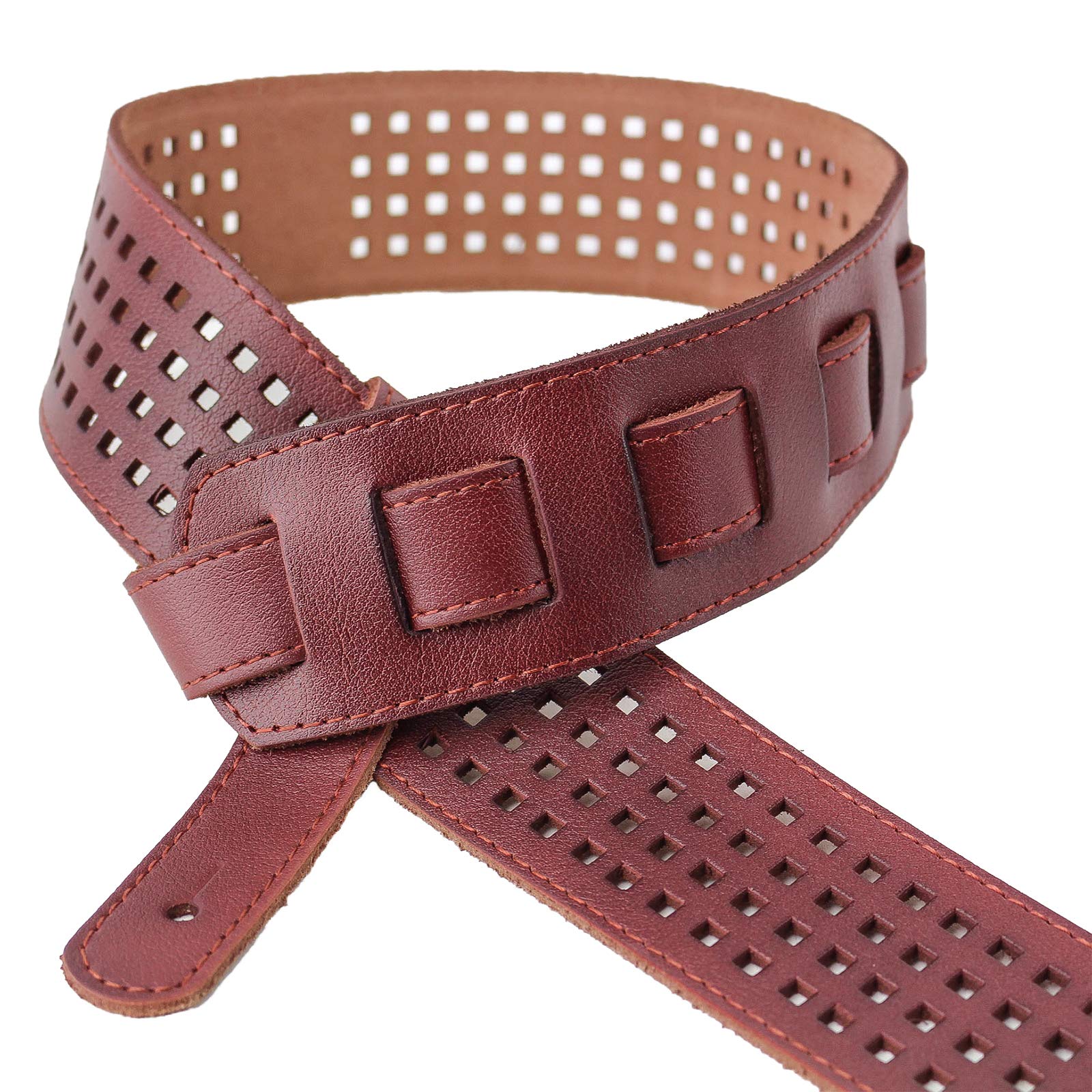 Walker & Williams St 07 Burgundy Brown Waffle Cut 100% Leather Guitar Strap