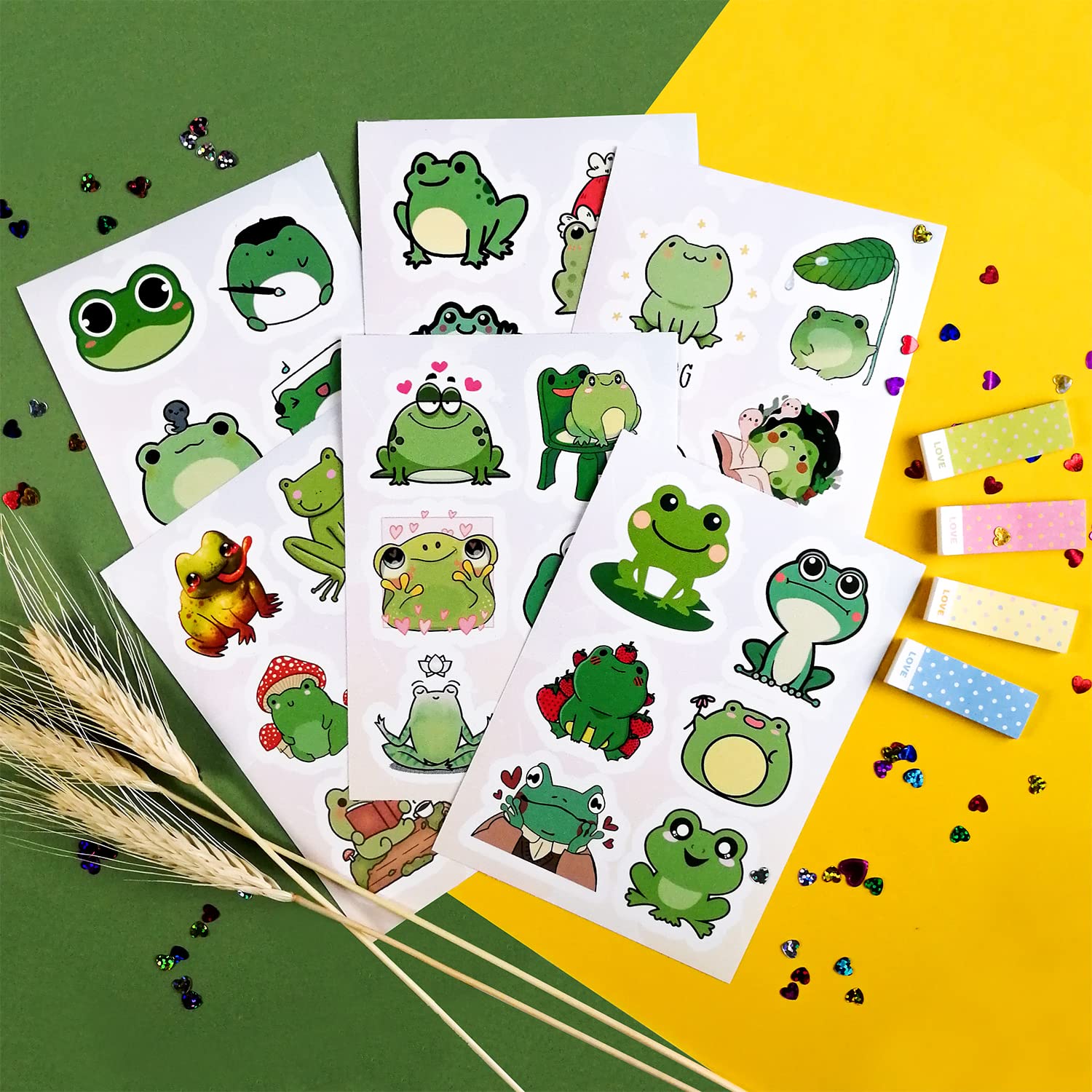 Bulbacraft Kawaii Frogs Stickers Set, 50 Pcs Green & White Vinyl Decals For Kids, Waterproof, Scratch Resistant, Indoor Usage, S