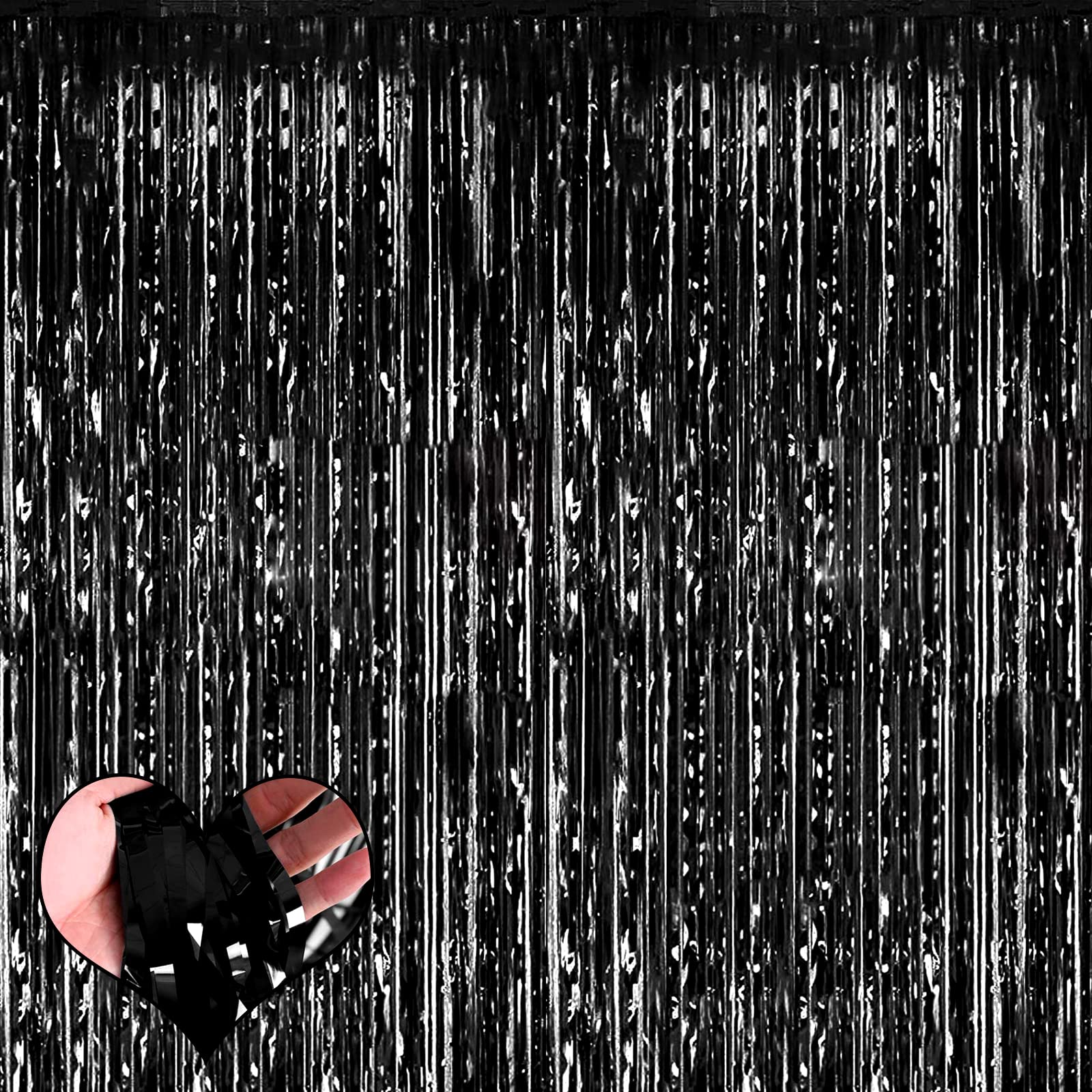 4 Pack Black Fringe Curtain Backdrop, 3.2Ft X 9.8Ft Metallic Tinsel Foil Fringe Streamers Curtains Background For Photo Booth Bi