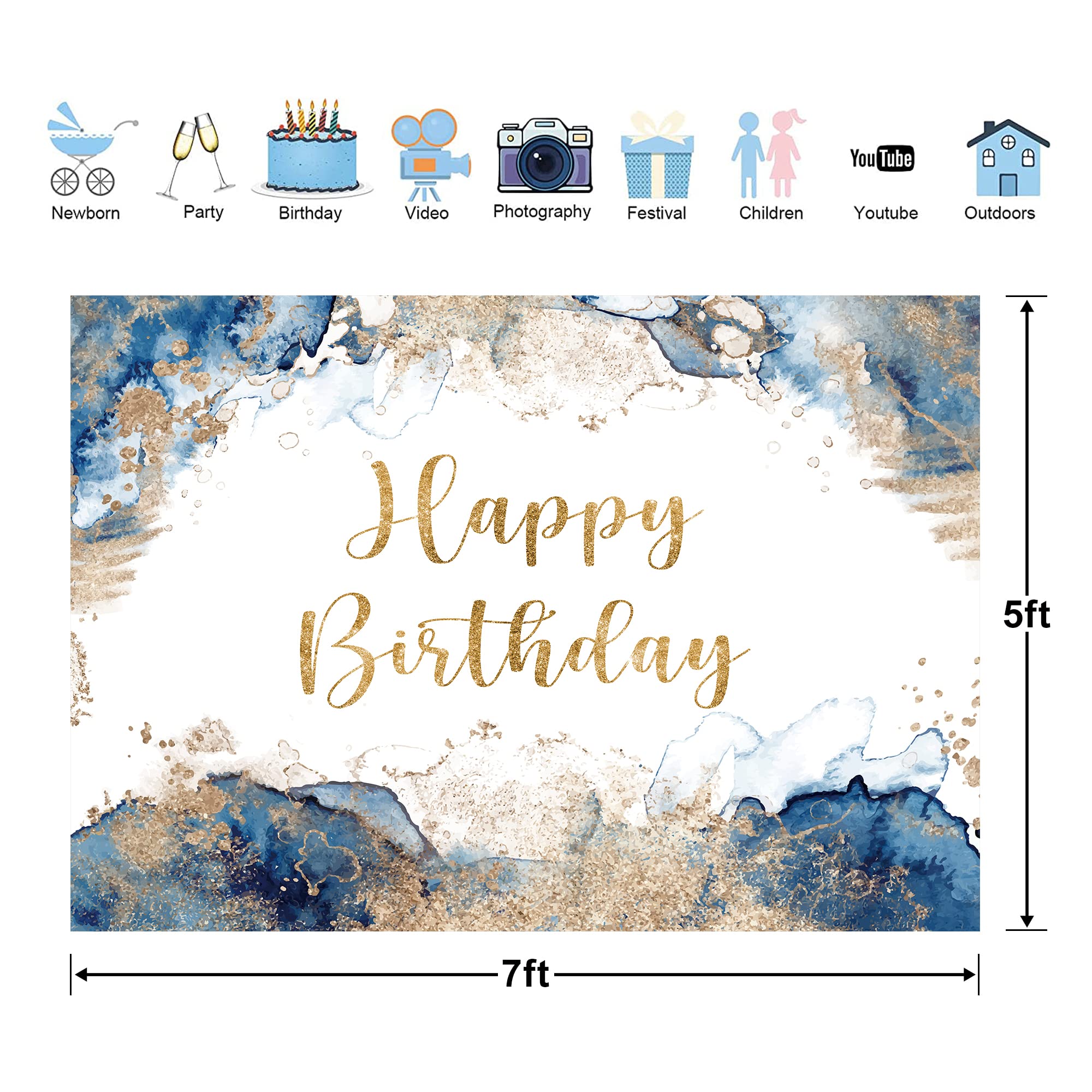 Glawry Blue Happy Birthday Backdrop Men Banner 7Wx5H Feet Abstract Watercolor Navy Golden Dots Ink Sparkle Girl Boy Women Party