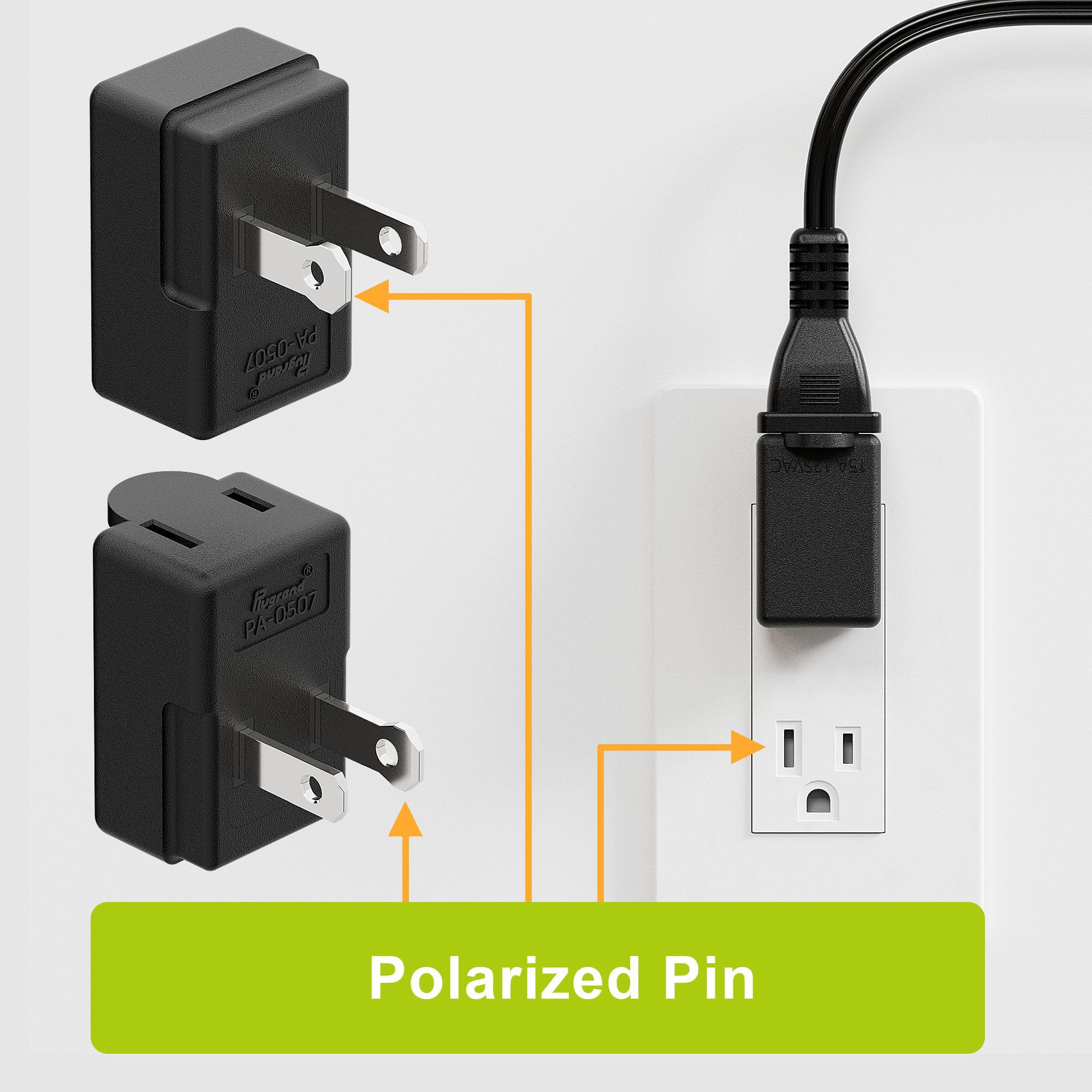 Right Angle Adapter,2 Prong 90 Degree Upward Angled Ac Adapter, Polarized 2 Prong L Type Adapter, Vertical Right Angled Down Ang