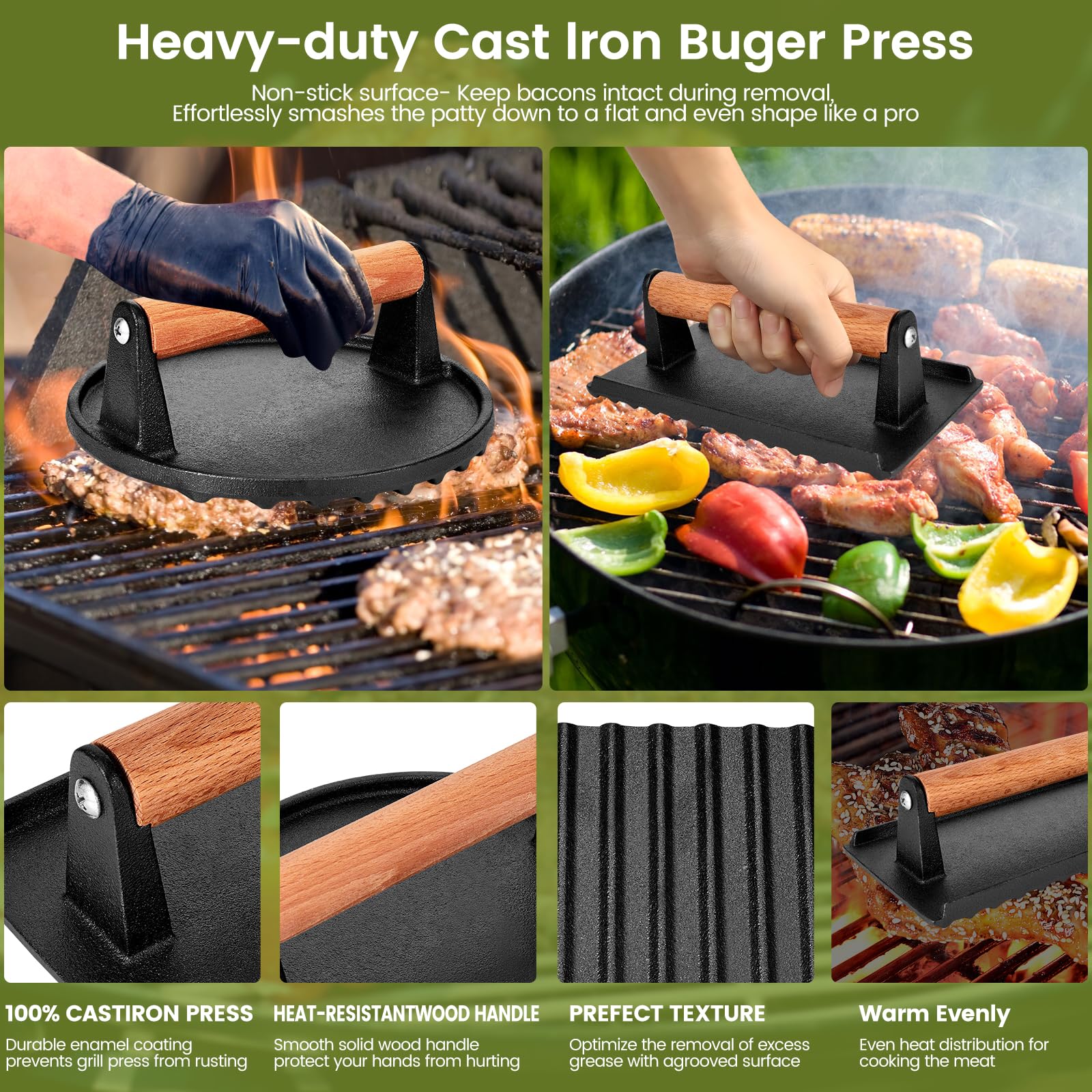 Blackstone Burger Press 7    Round Cast Iron Smash Bacon Press & 8.3   X4.3    Rectangle Cast Iron Grill Press With Wooden Handl