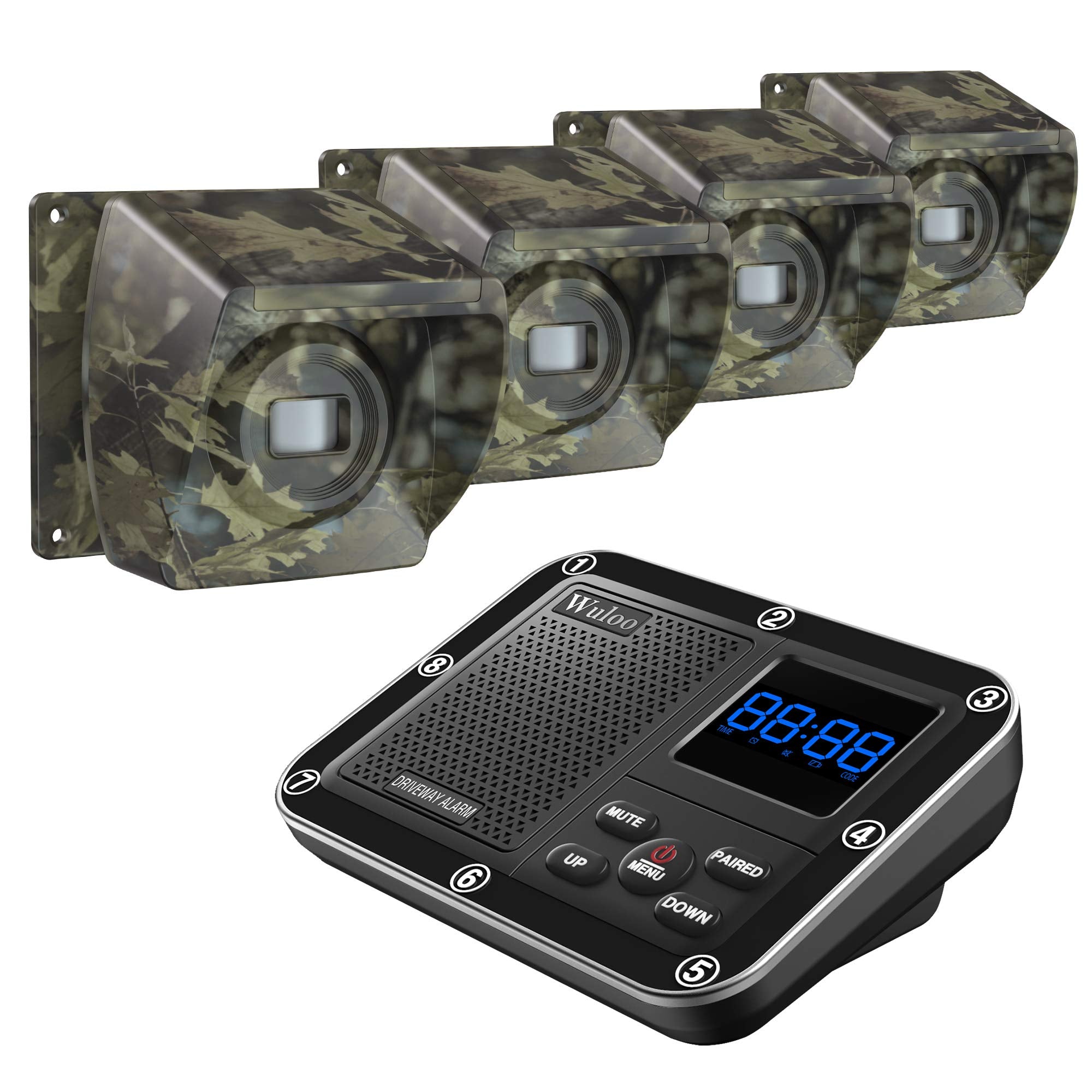 1800 Ft Wireless Outside Driveway Alarm Outdoor Motion Sensor & Detector Driveway Alert System, Rechargeable Battery/Weatherproof/Mute Mode/Clock And Alarm Functional (1&4 Camouflage)