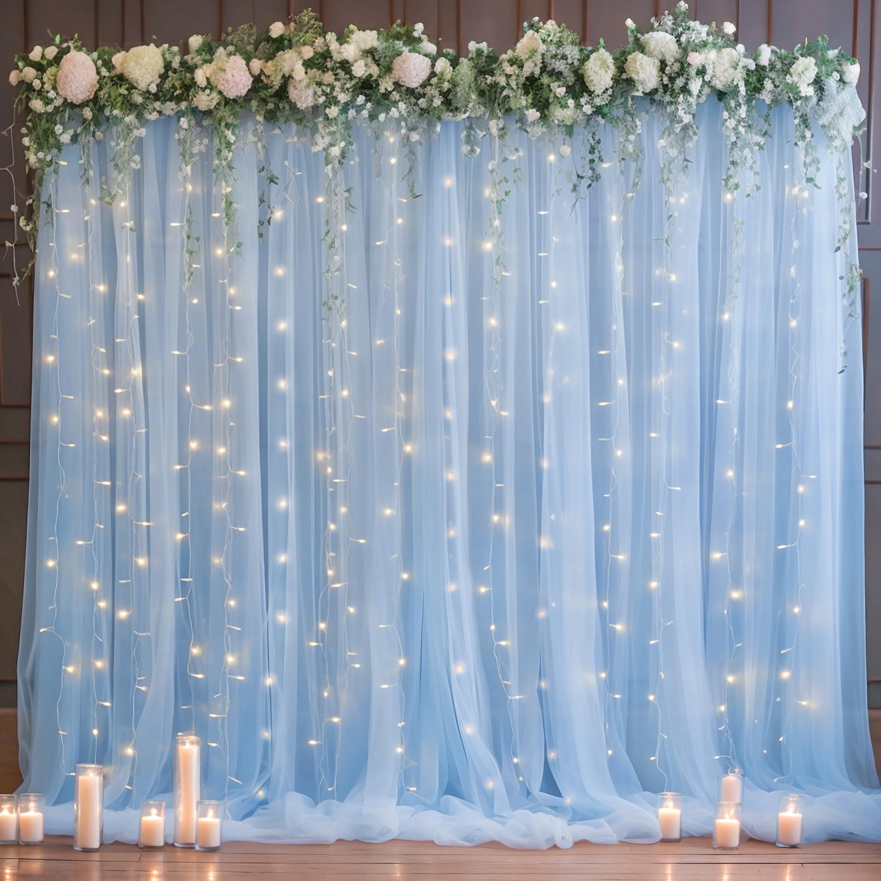 10X10Ft Baby Blue Tulle Backdrop Curtain With Lights String For Parites, Sheer Backdrop Curtains For Wedding Baby Shower Birthda