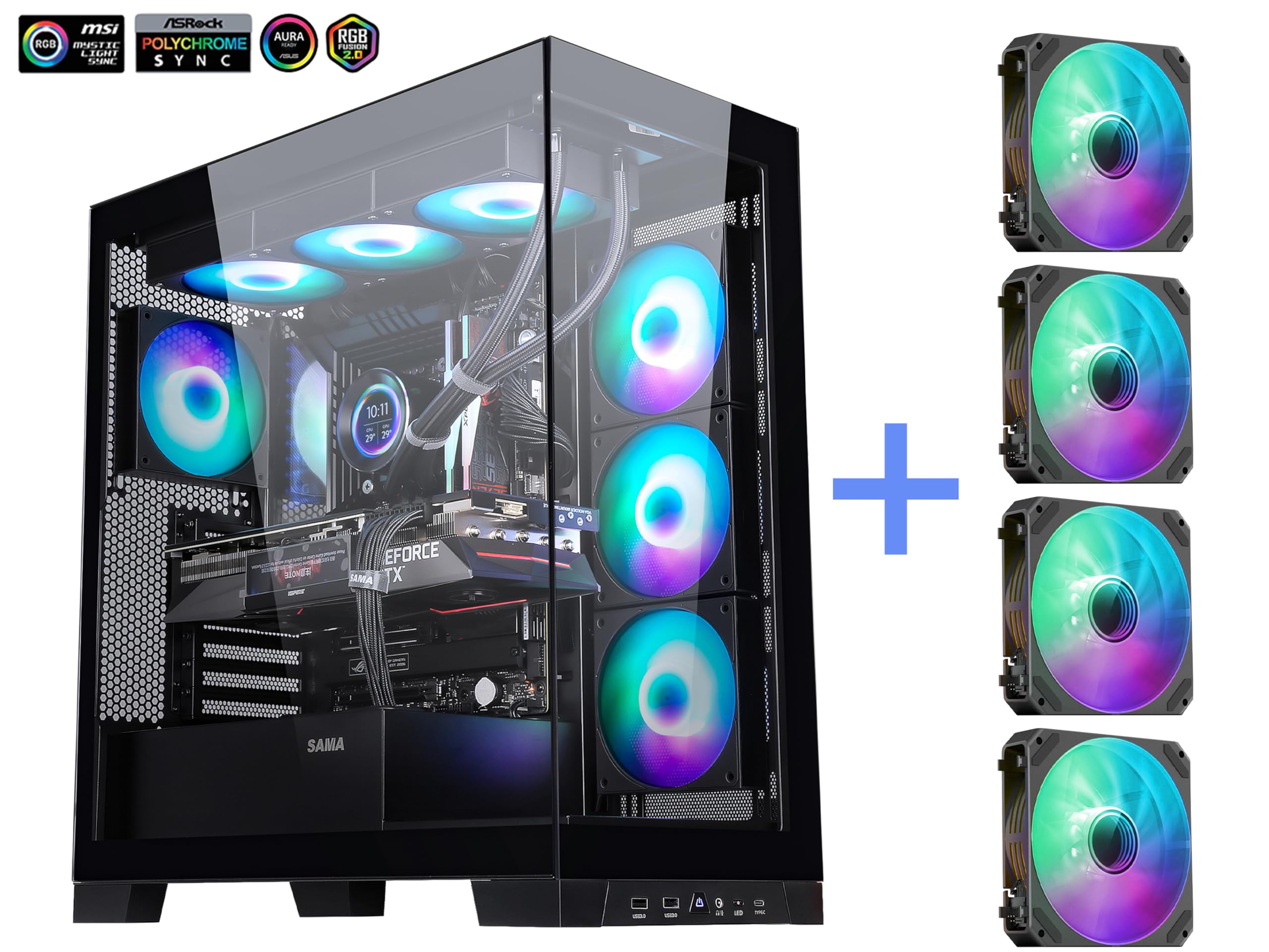 Sama Neview 4503 Black Airflow Full Tower Case Atx Pc Gaming Case Dual Tempered Glass 4X12Cm Argb Fan Pre Install Usb3.0X2 Type