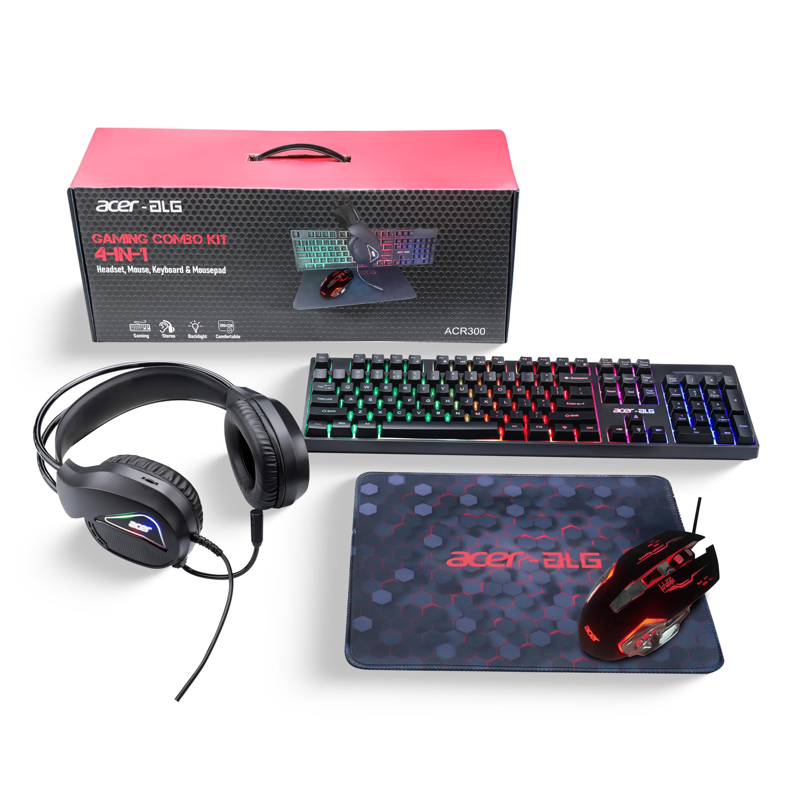 Acer 4 in 1 Wired Gaming Combo, 7 Color LED Backlit Keyboard, RGB Mouse (800/1600/2400/3200 DPI), Premium Gaming Headset (50mm D