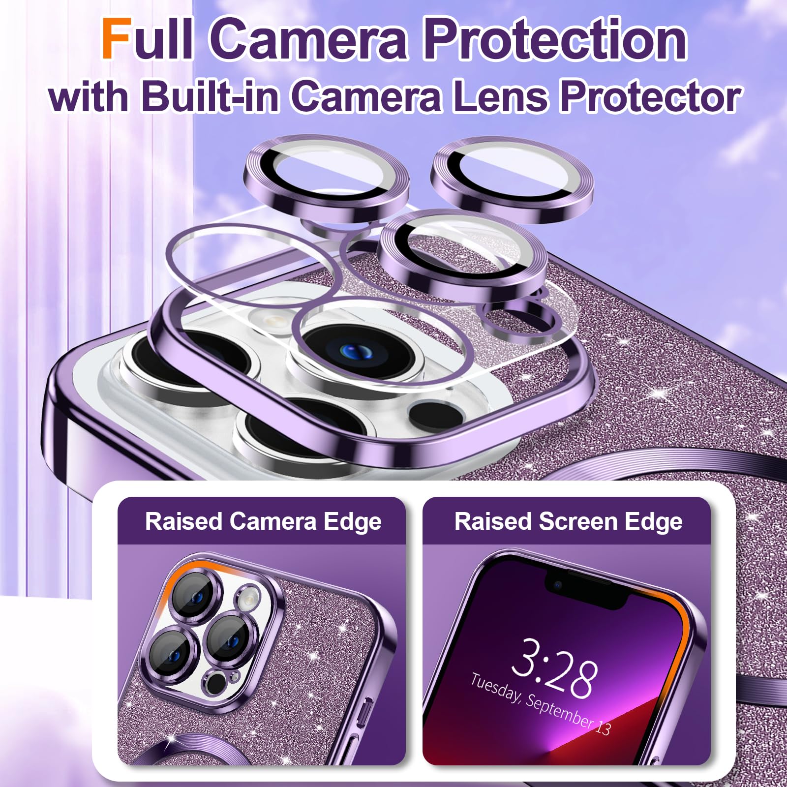 Hython For Iphone 13 Pro Case Glitter, Clear Magnetic Phone Cases With Camera Lens Protector [Compatible With Magsafe] Bling Spa