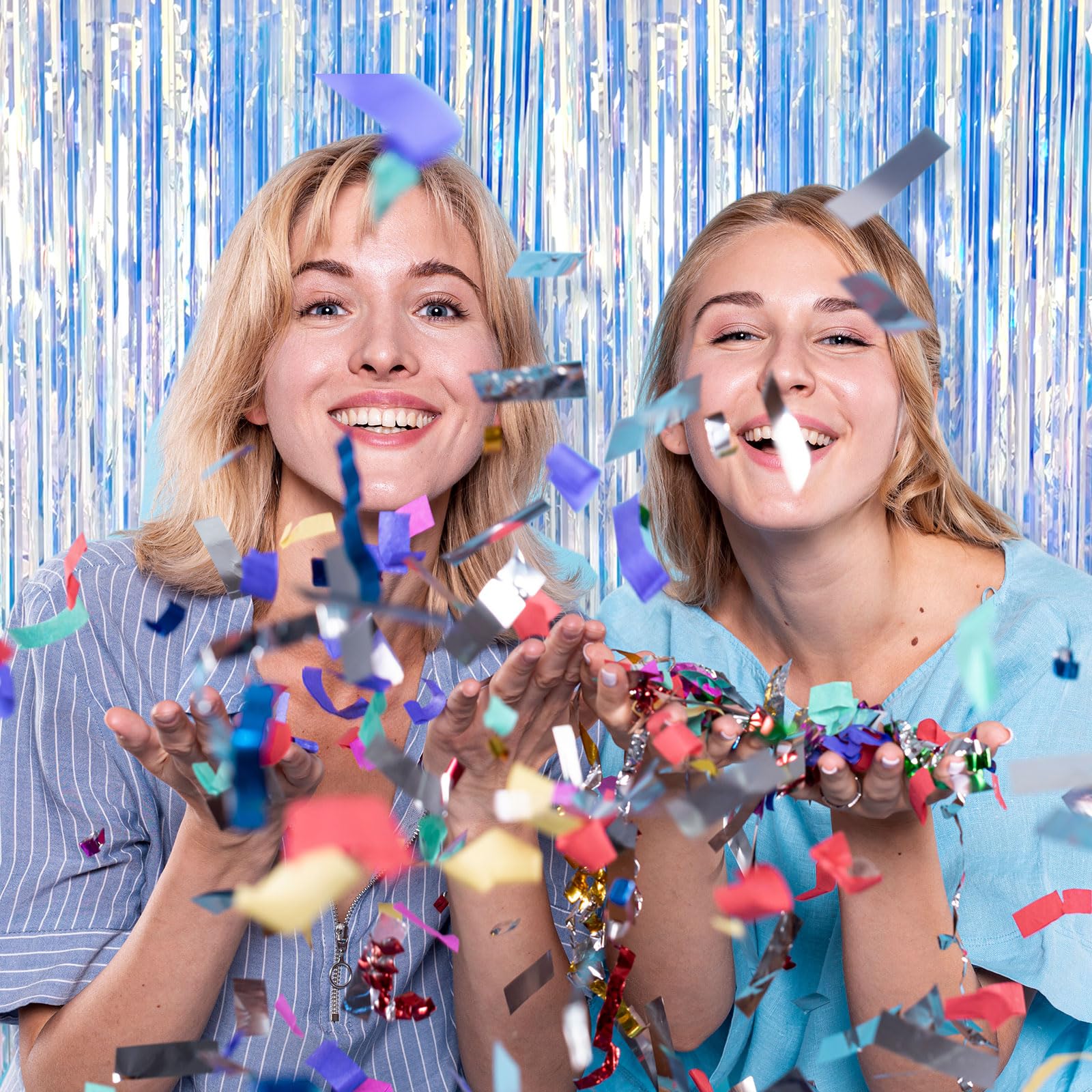 2 Pack Foil Curtain Backdrop Iridescent Metallic Tinsel Foil Fringe Curtains Photo Booth Props For Birthday Wedding Engagement B