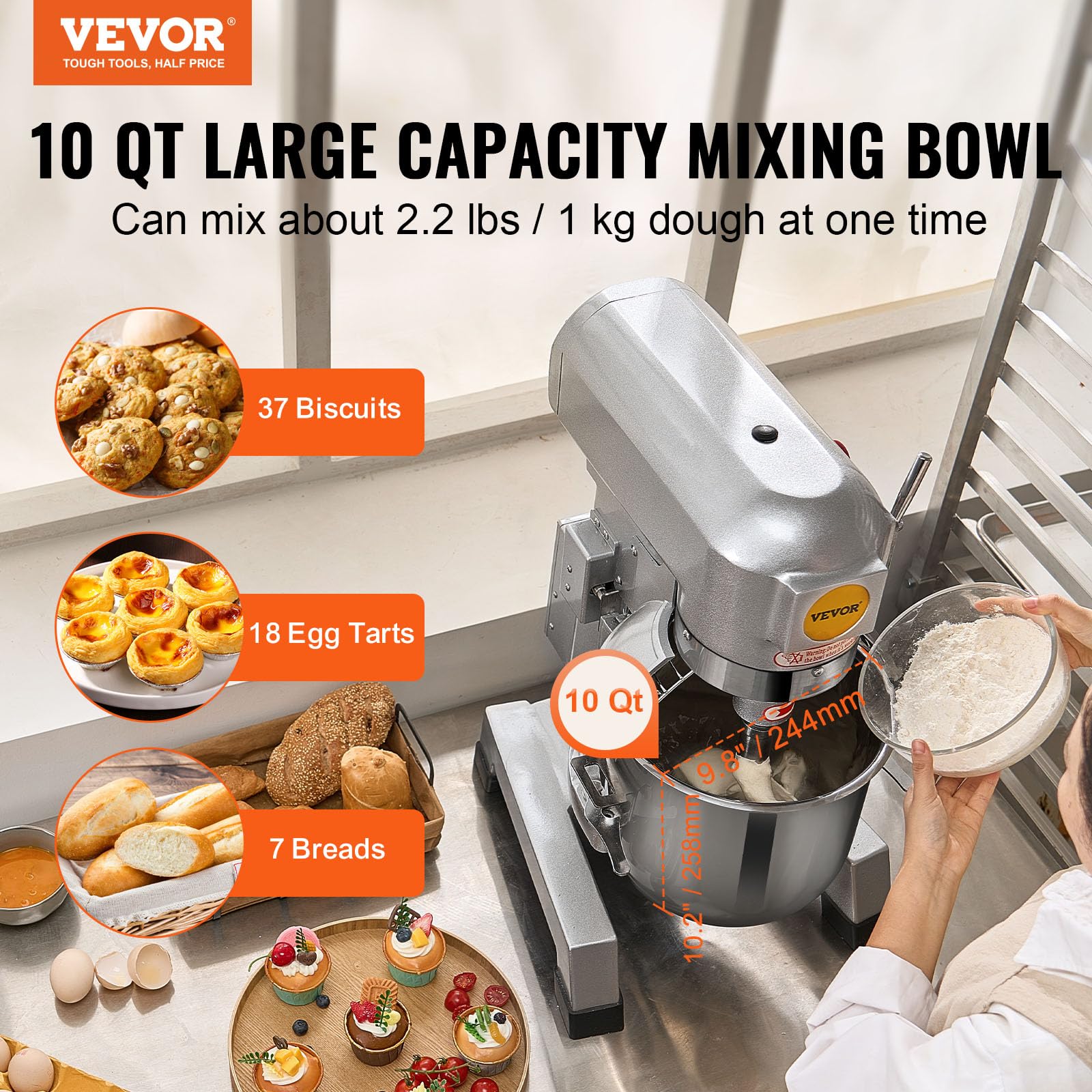 Vevor Commercial Mixer, Commercial Food Mixer 10Qt Stainless Steel Bowl, 450W Commercial Stand Mixer With 3 Speeds Adjustable, D