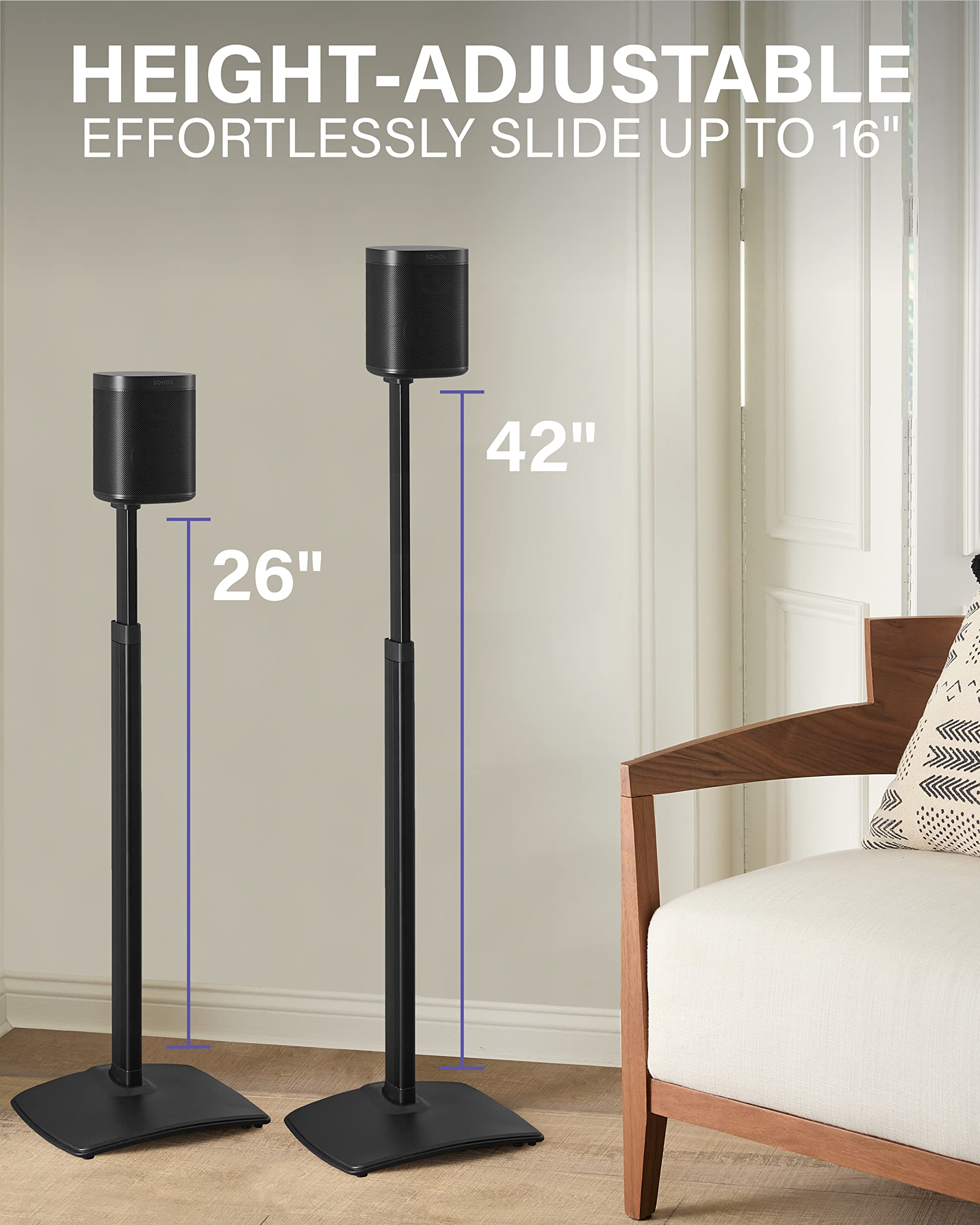 Sanus Adjustable Height Wireless Speaker Stands Designed For Sonos One, One Sl, And Play:1   Tool Free Adjustment Up To 16'' And