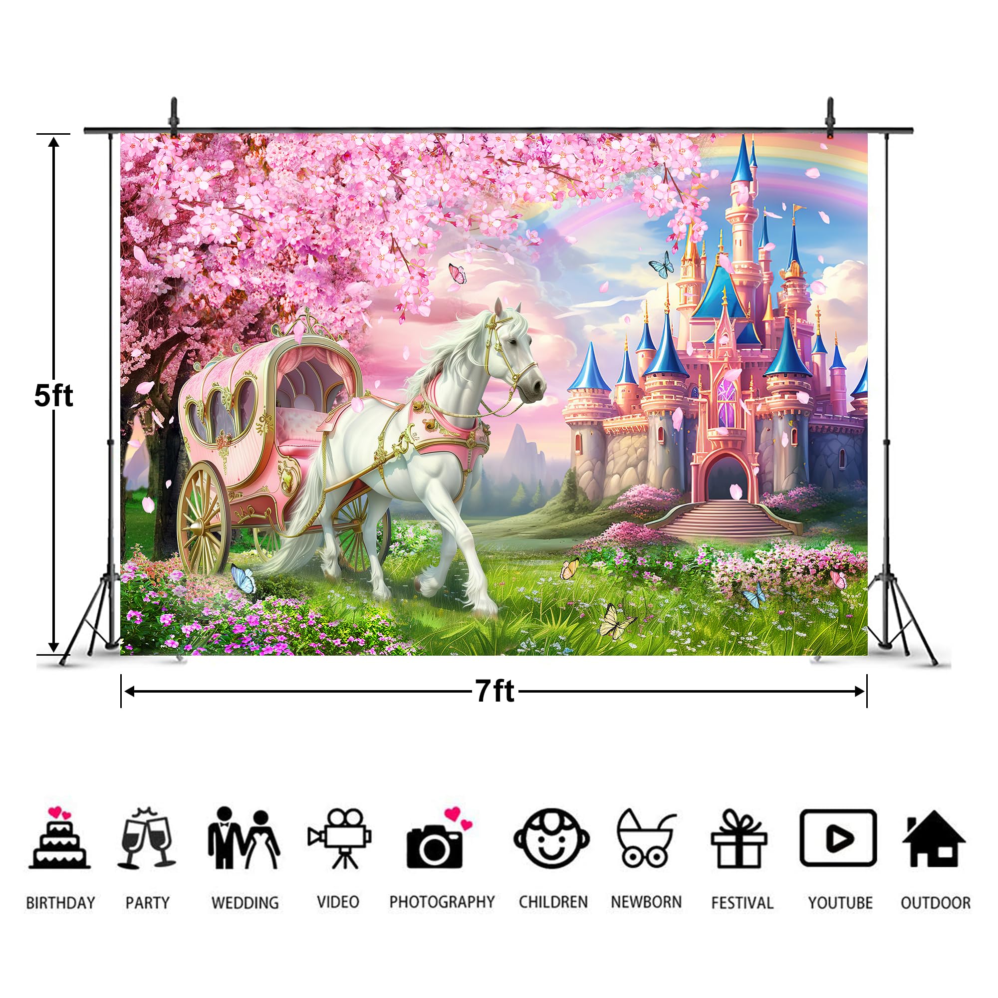 Riyidecor Princess Castle Backdrop Polyester Fabric Pink Sakura Rainbow Flowers Floral Fantasy Fairy Tale Wonderland 7Wx5H Feet