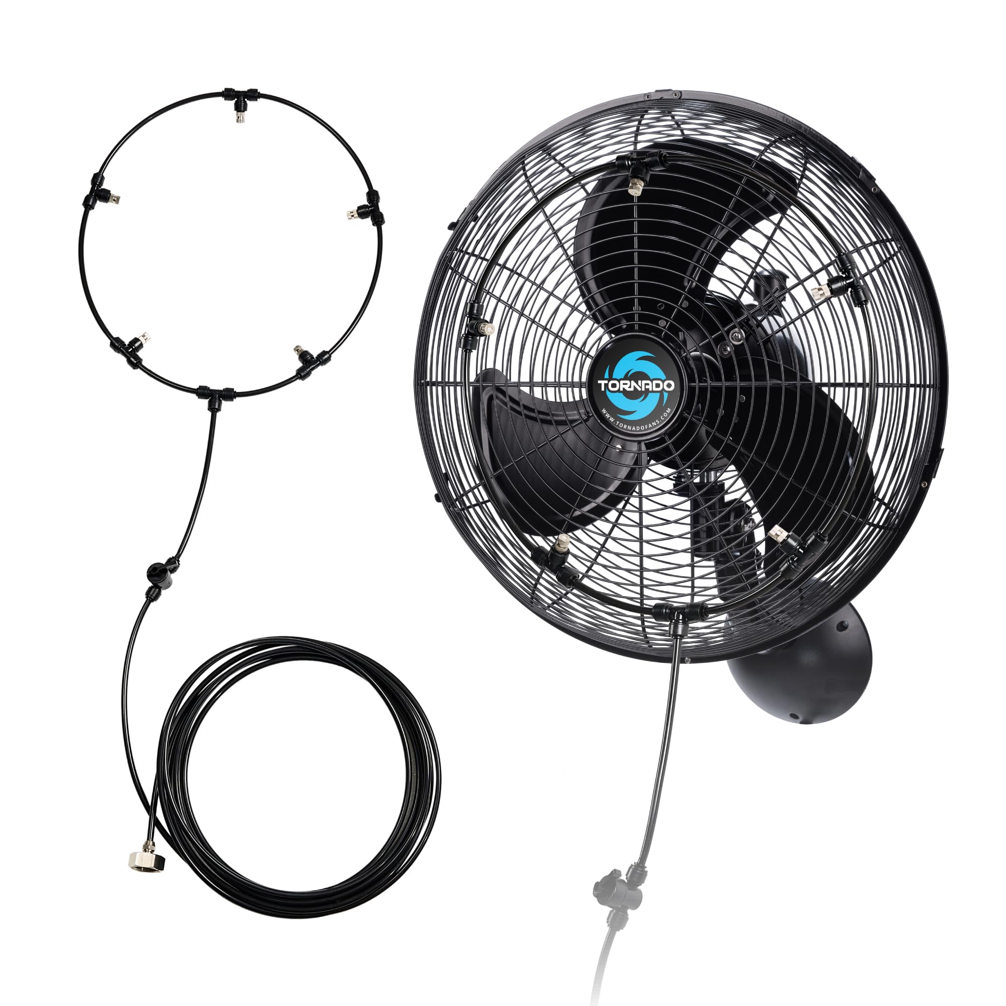 Tornado 16 Inch Outdoor Wall Mount Fan with Pre-Installed Misting Kit for Patio Barn Greenhouse, 3-Speed Ball Bearing Motor, 330