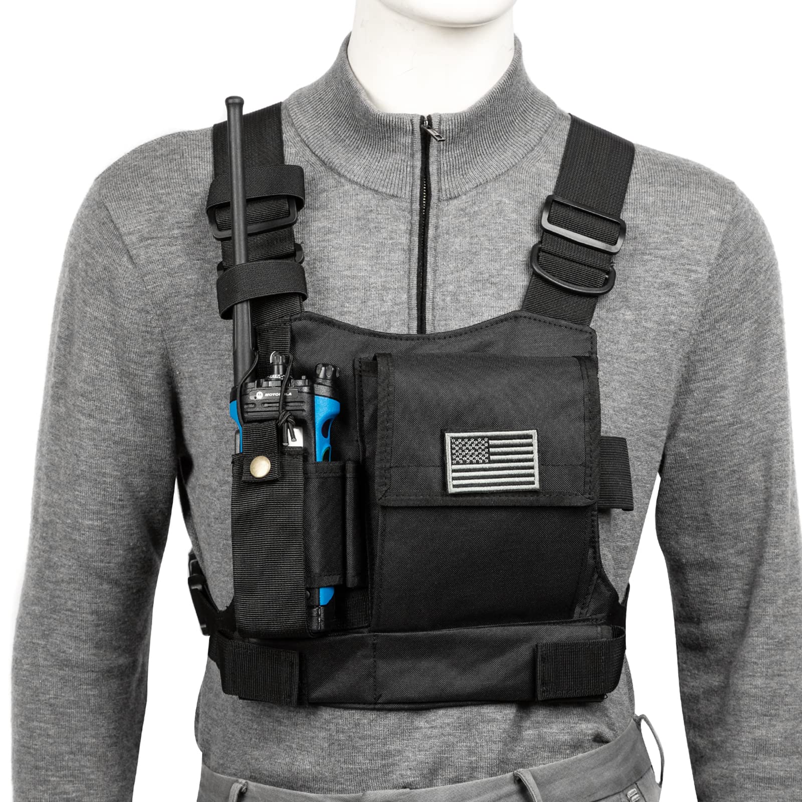 Luiton Radio Chest Harness With Reflective Strips Shoulder Holster Radio Vest Holder Two Way Radio Vest Rig Walkie Talkie Case With Front Pack Pouch For Motorola/Midland/Baofeng/Retevis