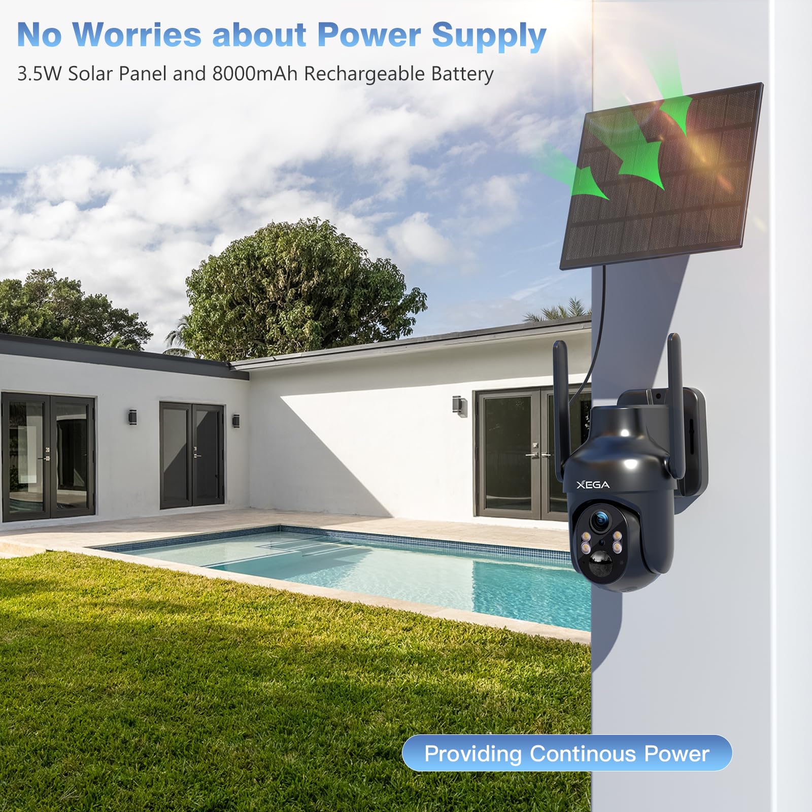 Xega 4 Pack Security Camera Wireless Outdoor, 2K Ptz Camera Wifi Surveillance Rechargeable Battery With Solar Panel, Color Night