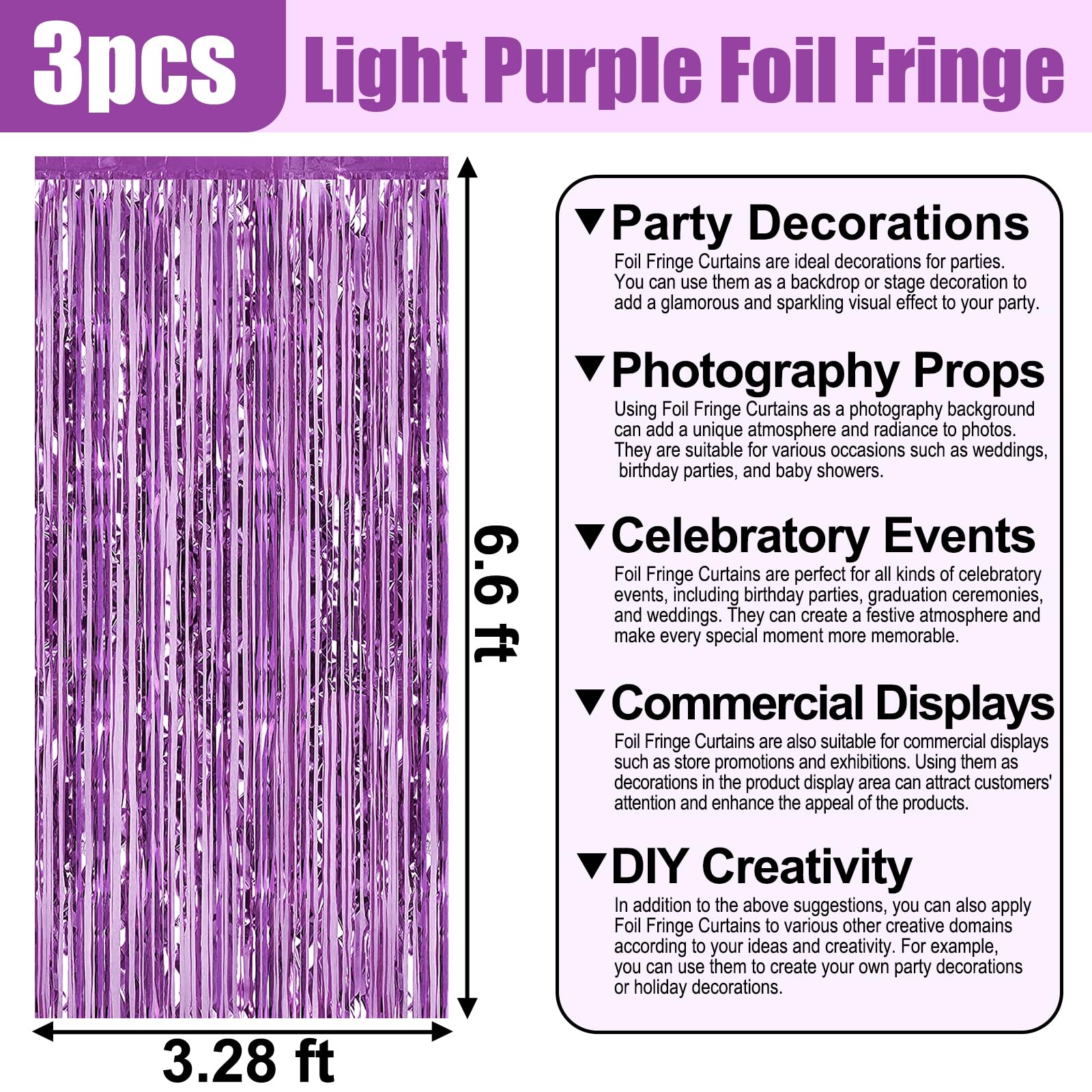 3 Pack Light Purple Foil Fringe Curtain Backdrop, 3.28Ft X 6.6Ft Metallic Tinsel Foil Fringe Streamer Curtains For Photo Booth,