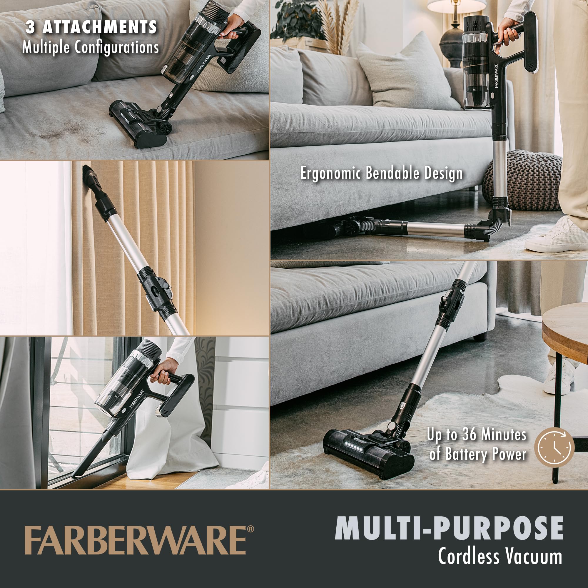 Farberware Cordless Platinum Stick Vacuum Cleaner, Smart Sensor Technology For Carpet And Hard Floors, Bendable And Handheld Vac