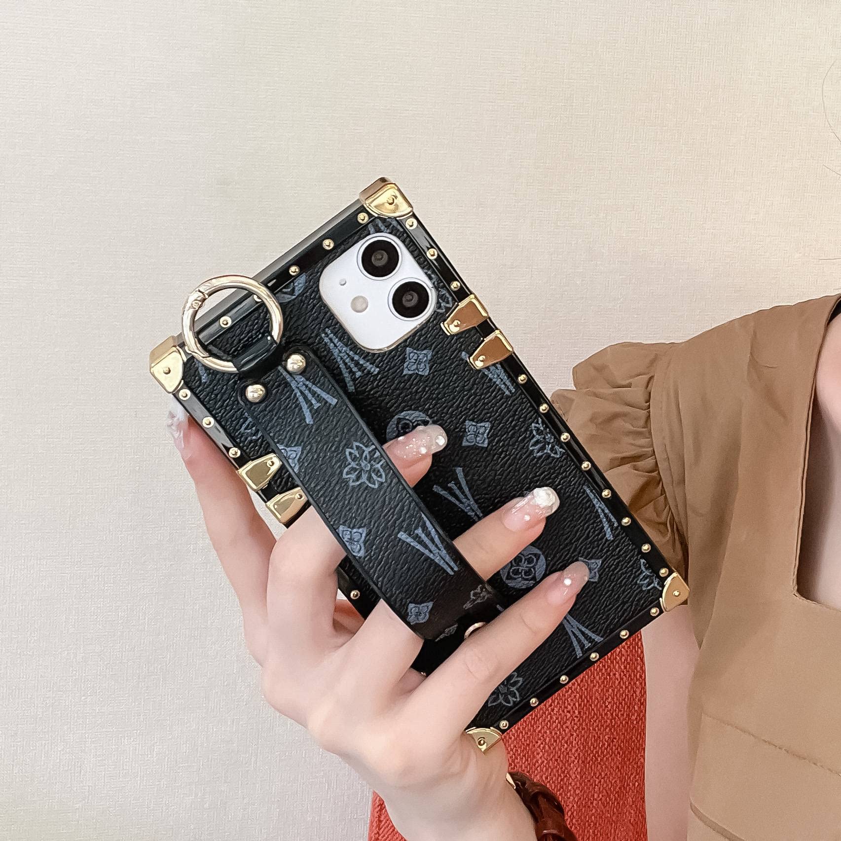 Trodino Square Leather Iphone 11 Case With Wristband Strap, Luxury Designer Case For Women Girls, Holder Ring Kickstand Raised R