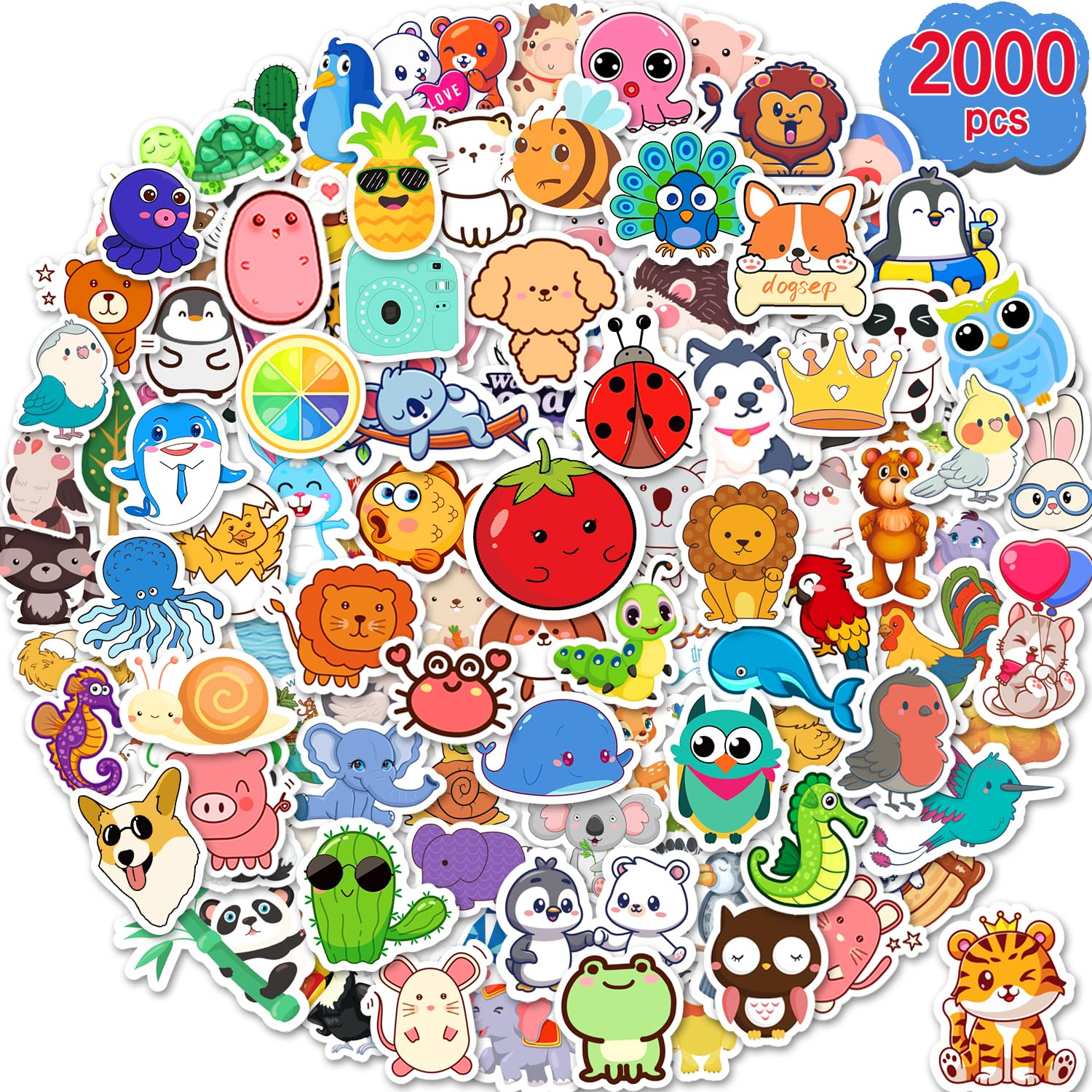 2000 Pcs Cute Stickers For Kids, Water Bottle Stickers For Teens, Kawaii Vinyl Phone Laptop Skateboard Animal Waterproof Sticker