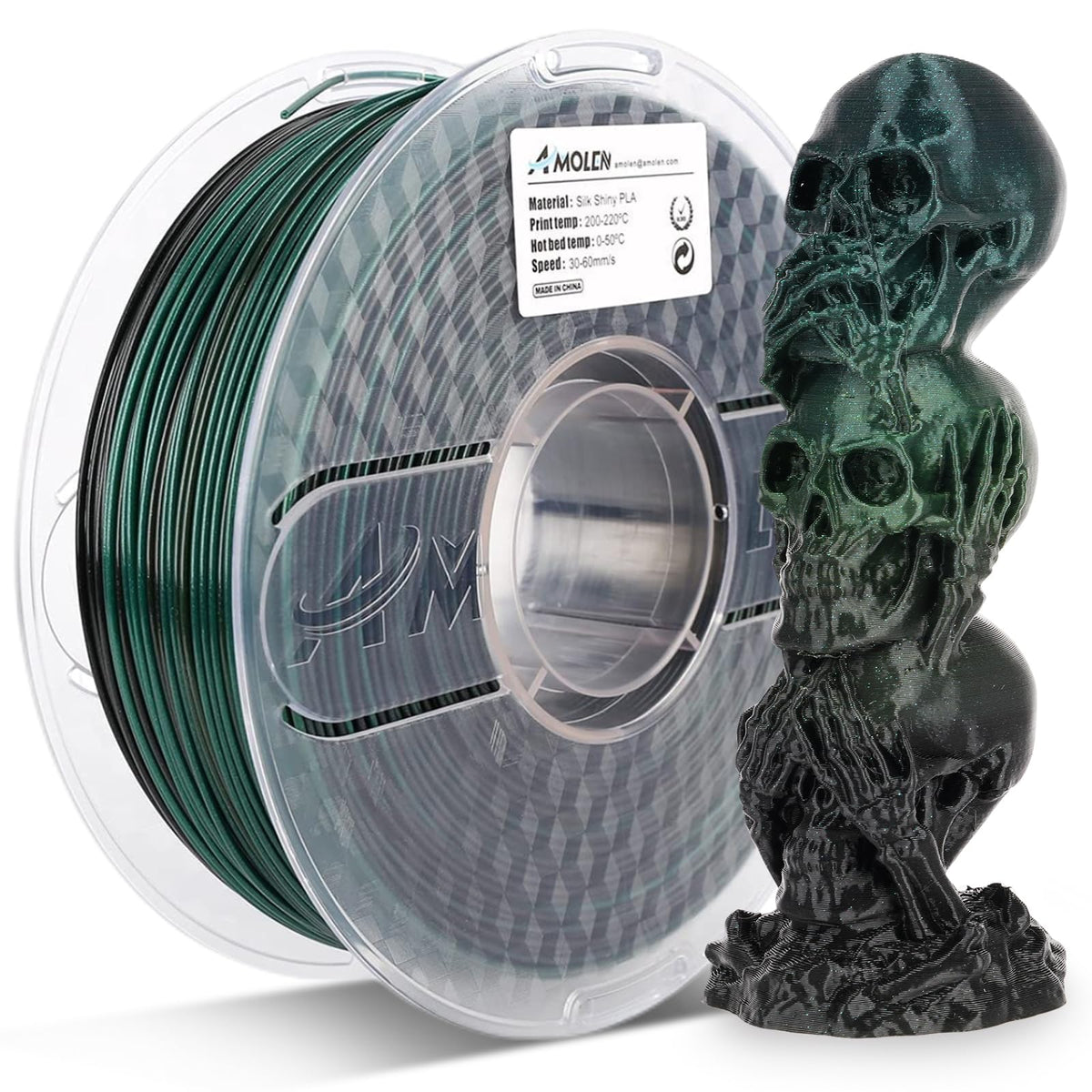 Amolen Pla 3D Printer Filament, Pla Filament 1.75Mm Silk Black Shiny Green Filament, 3D Printing Filament 1Kg/2.2Lb