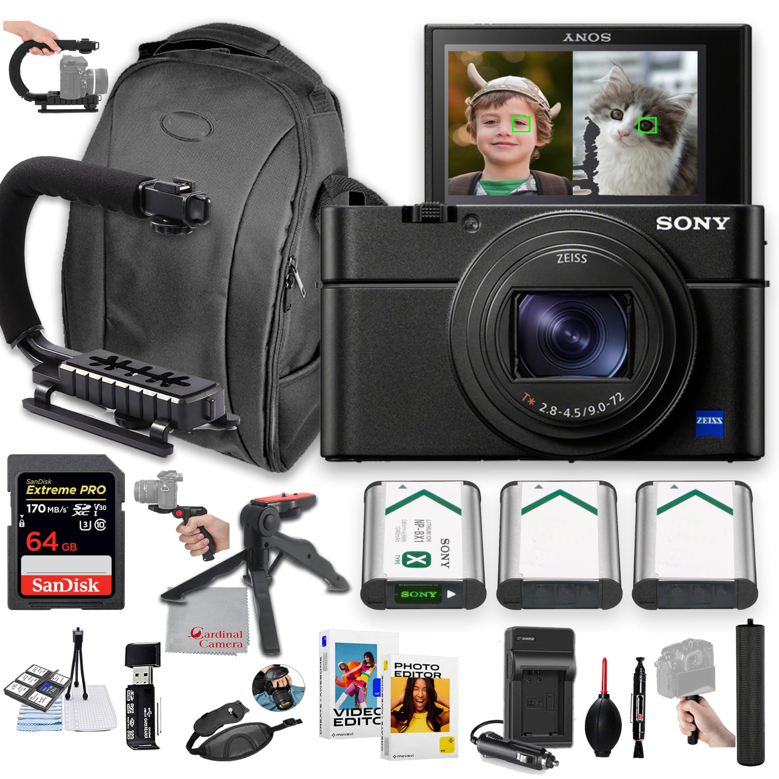 Sony Cyber-Shot DSC-RX100 VII Digital Camera, 64GB Extreme Speed, U-Grip, Tripod, Case, Software, & More - Pro Bundle (24pc)