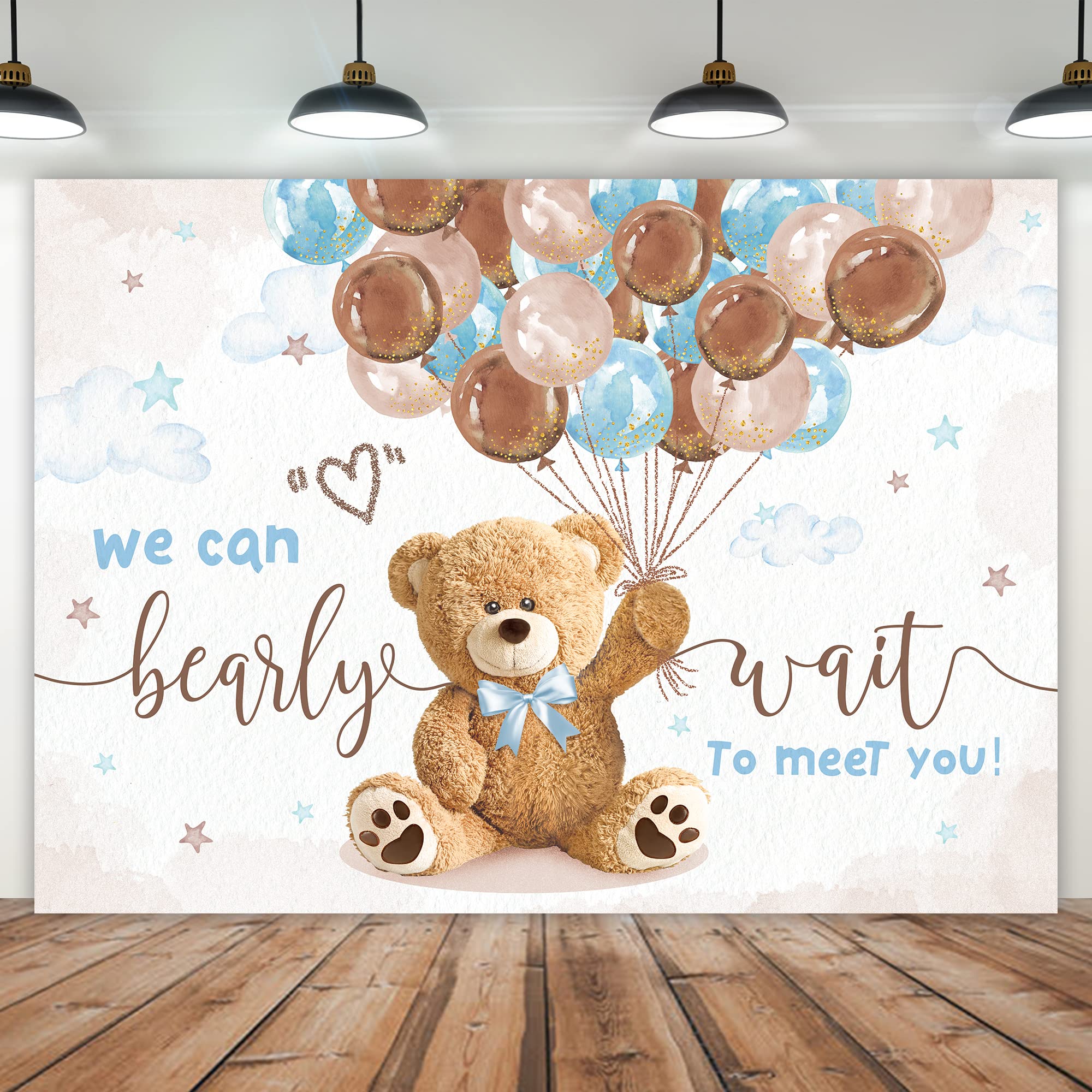 Imirell We Can Bearly Wait Backdrop 10Wx8H Feet Bear Baby Shower For Boys Cute Cartoon Brown Blue Balloons Clouds Gold Dots Viny