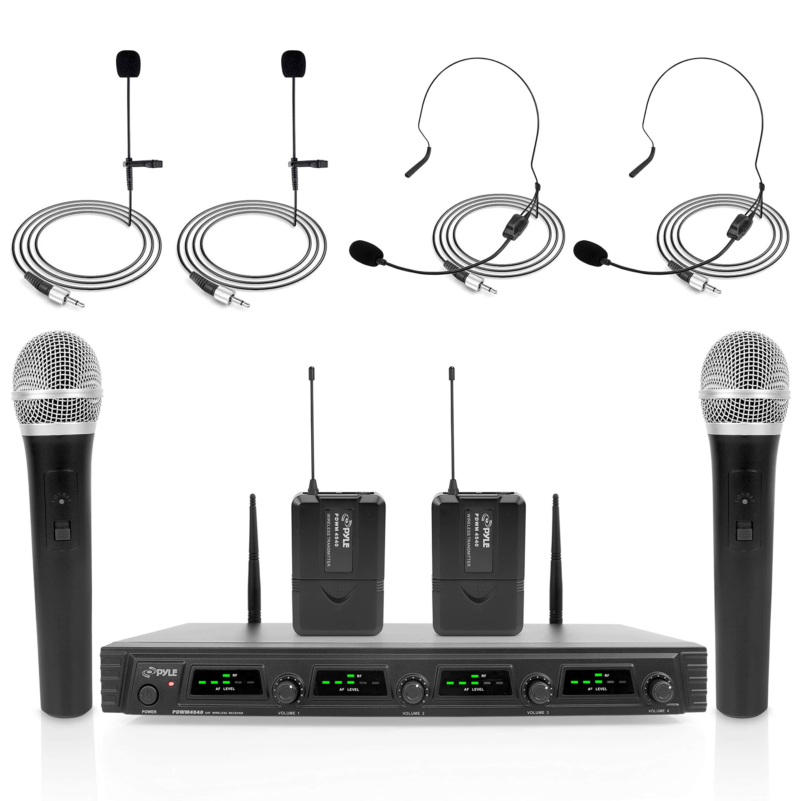 Pyle 4 Channel Wireless Microphone System   Portable Uhf Audio Mic Set With 2 Handheld, 2 Headset, 2 Lavalier Mics, 2 Transmitte