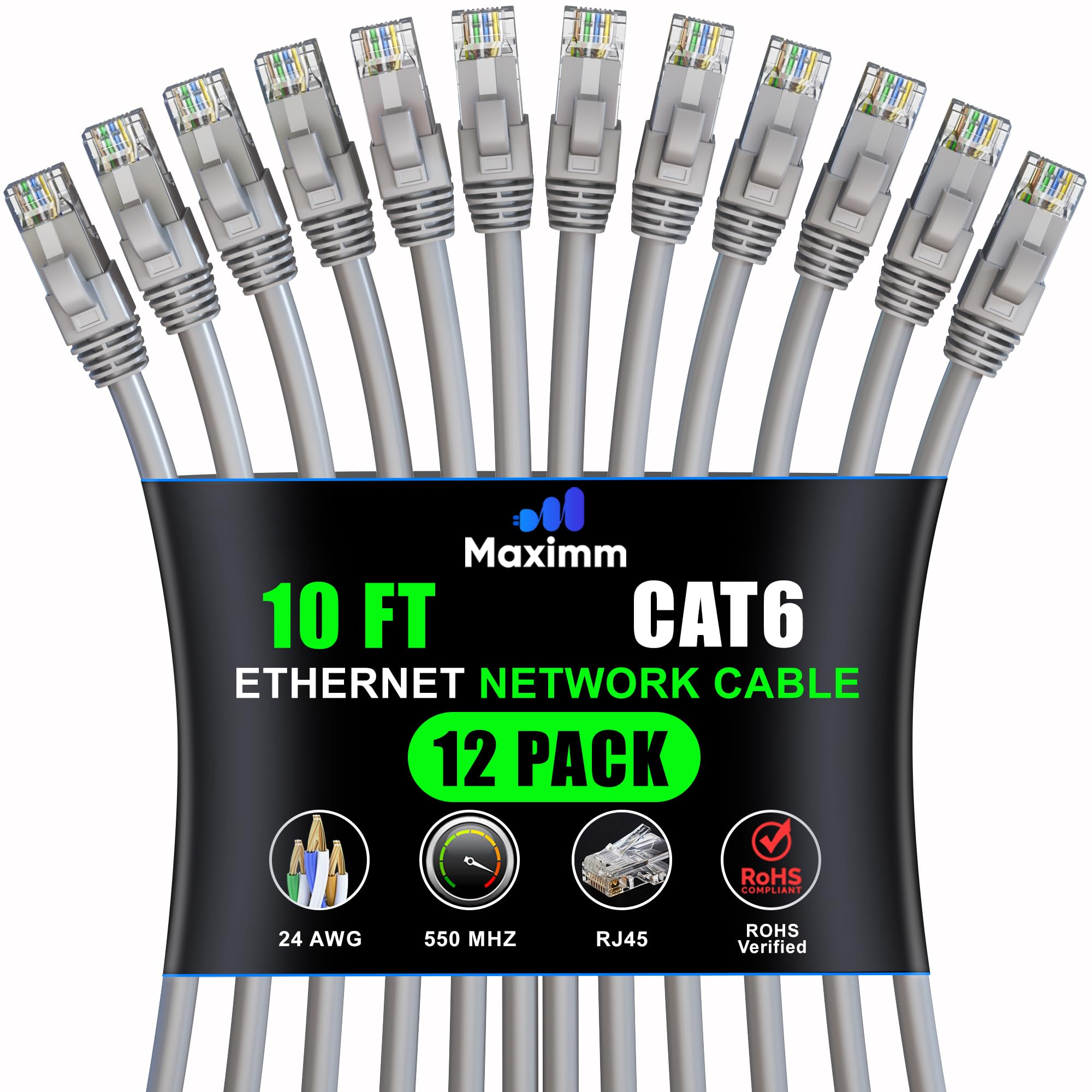 Maximm Cat 6 Ethernet Cable 10 Ft (12 Pack)   High Speed Lan Cable, Internet Cable, Patch Cable, And Network Cable   Utp, 10Gbps, 550Mhz Ethernet Cord   Gray