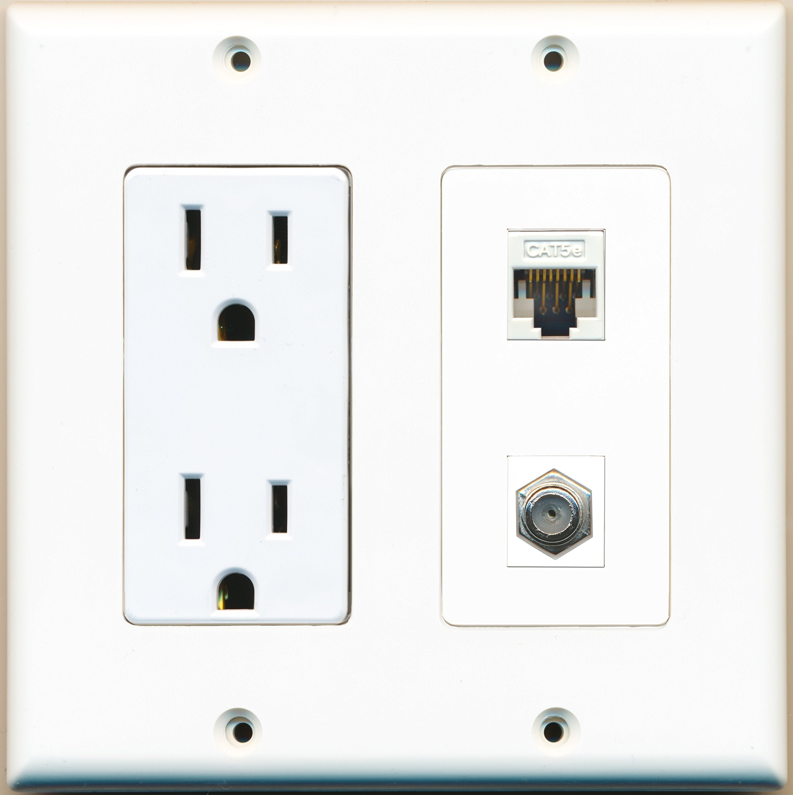 Riteav   2 X 15 Amp 125V Power Outlets 1 Cat5E Ethernet And 1 Coax Wall Plate