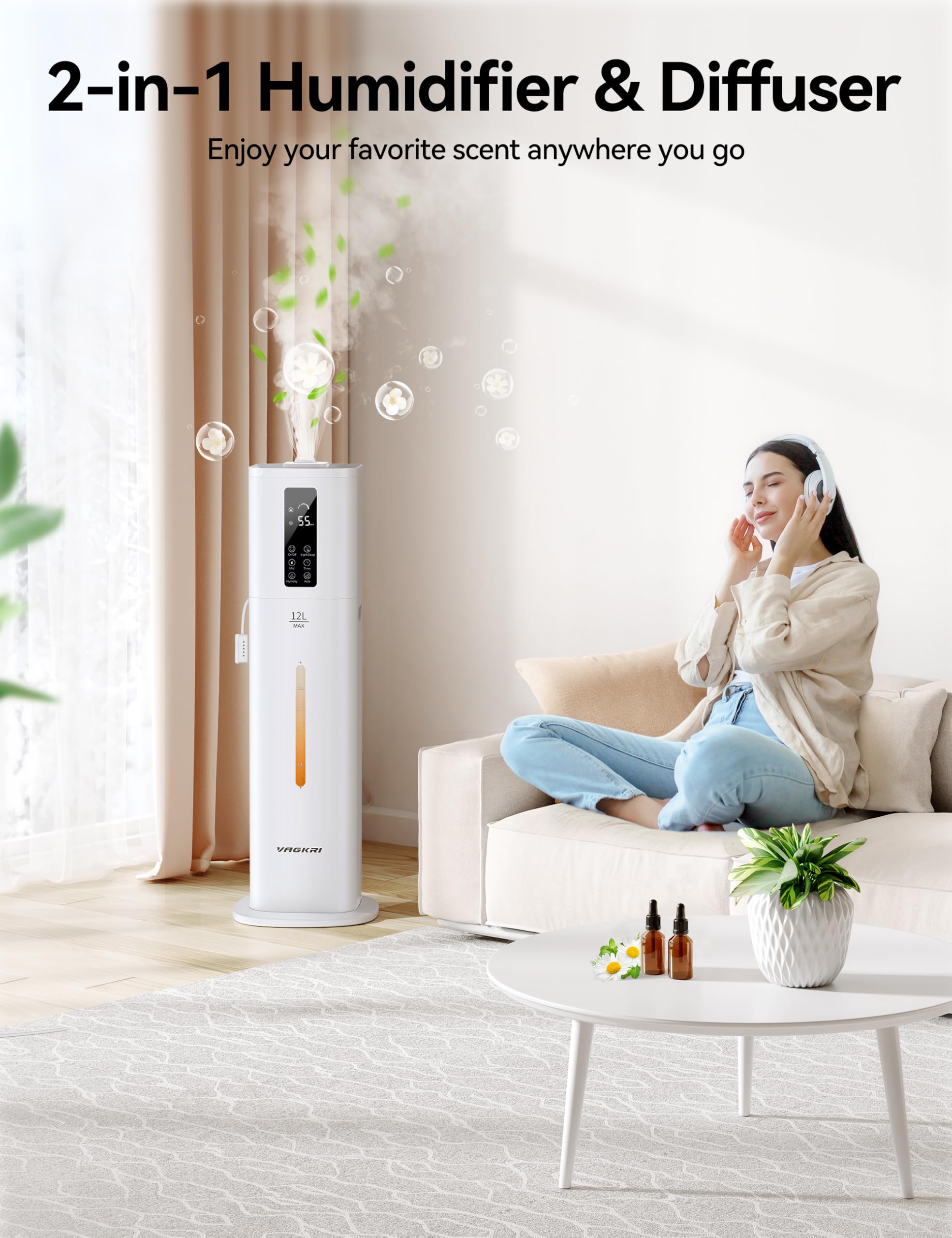 Vagkri 12L Humidifiers For Large Room, Last 120 Hours, Cover Up To 1000Ft, Top Fill Ultrasonic Cool Mist Humidifier, 3 Mist Leve