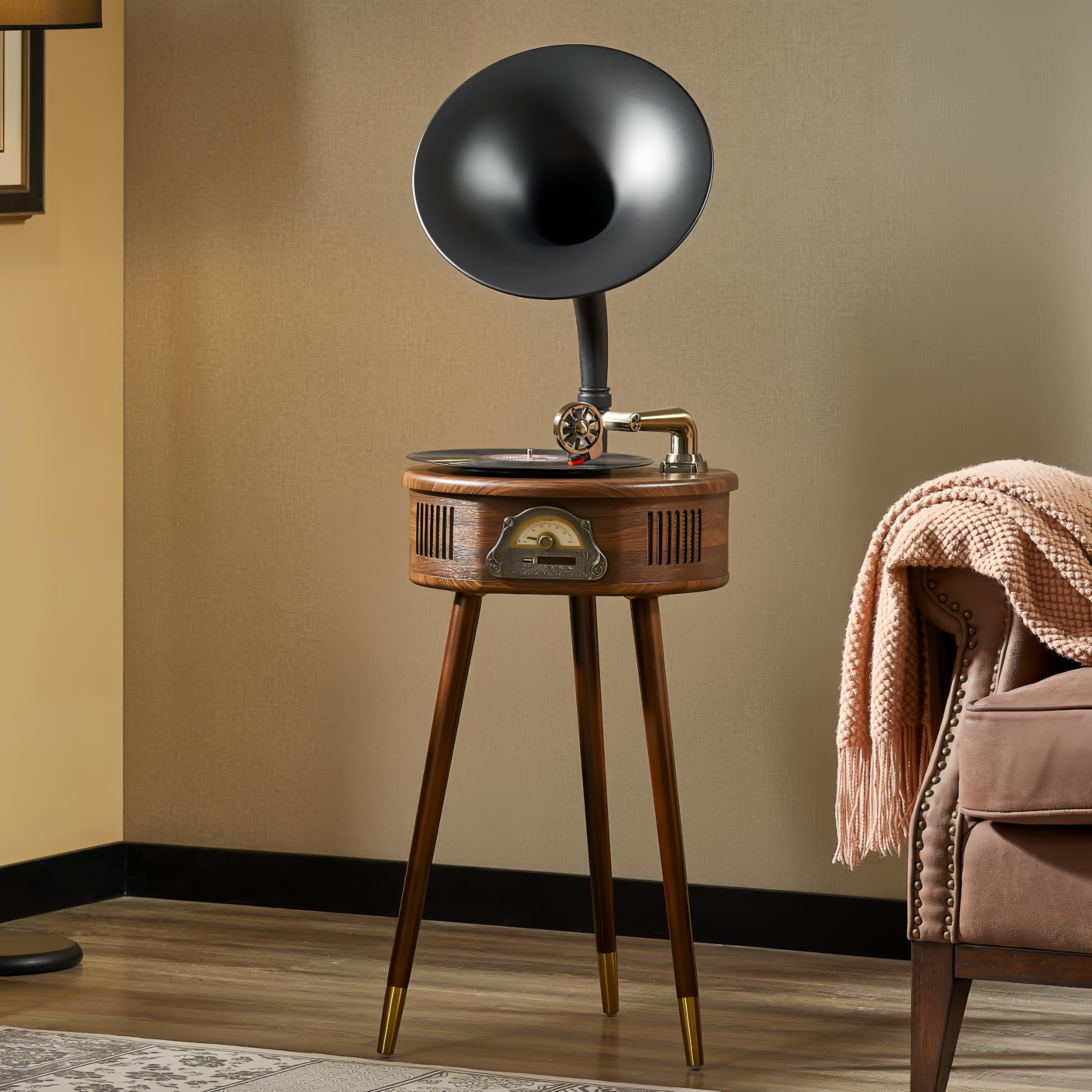 Hzlsbl Gramophone Record Player,Italian Style Gramophone Vinyl Record Player With Control/Bluetooth/Usb/Fm Vintage Record Player