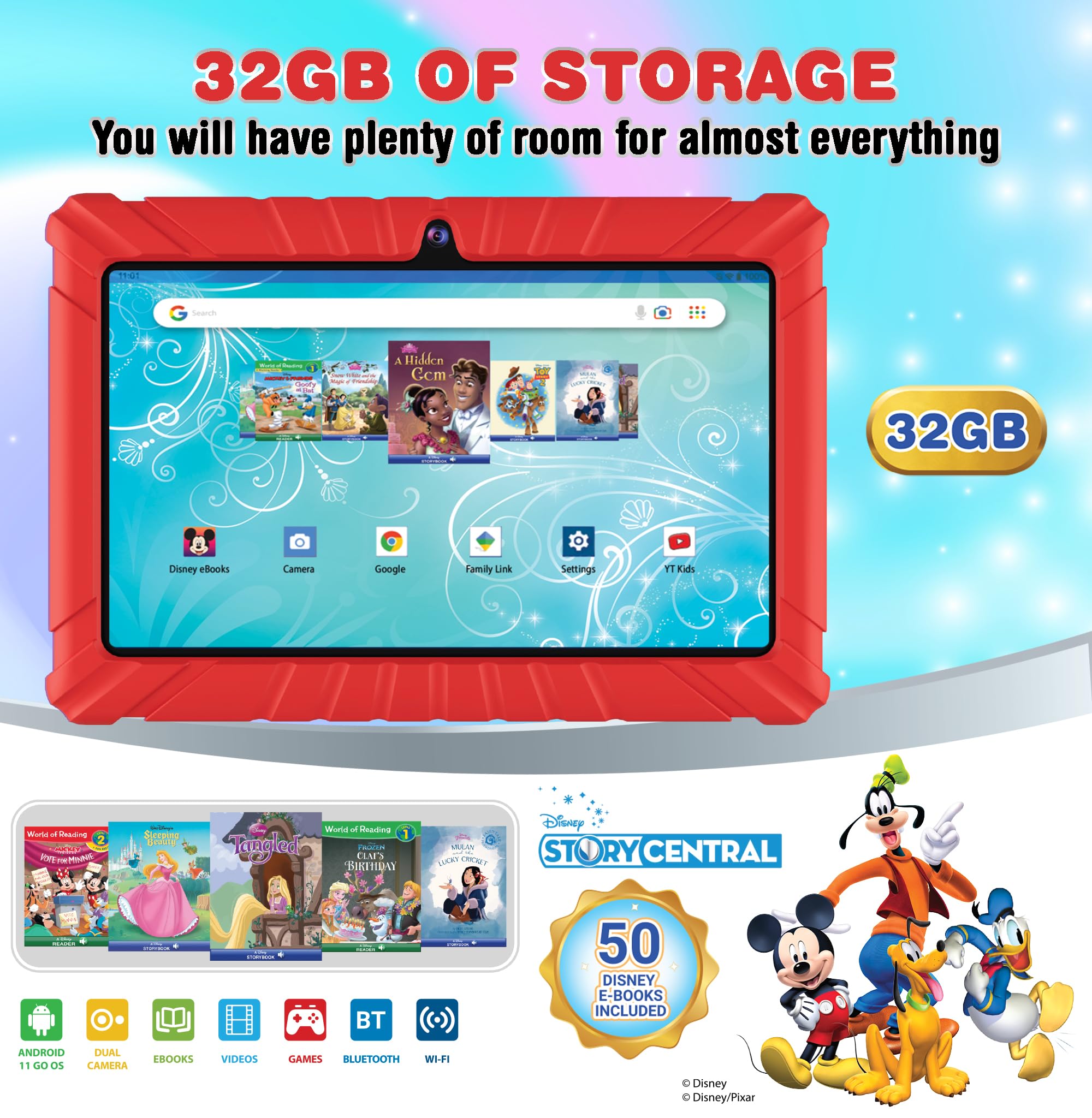 Contixo Kids Tablet V8, 7 Inch Hd, Ages 3 7, Toddler Tablet With Camera, Includes 50+ Disney Storybooks & Stickers (Value $200)   Android 11, 32Gb, (2023 Model), Red