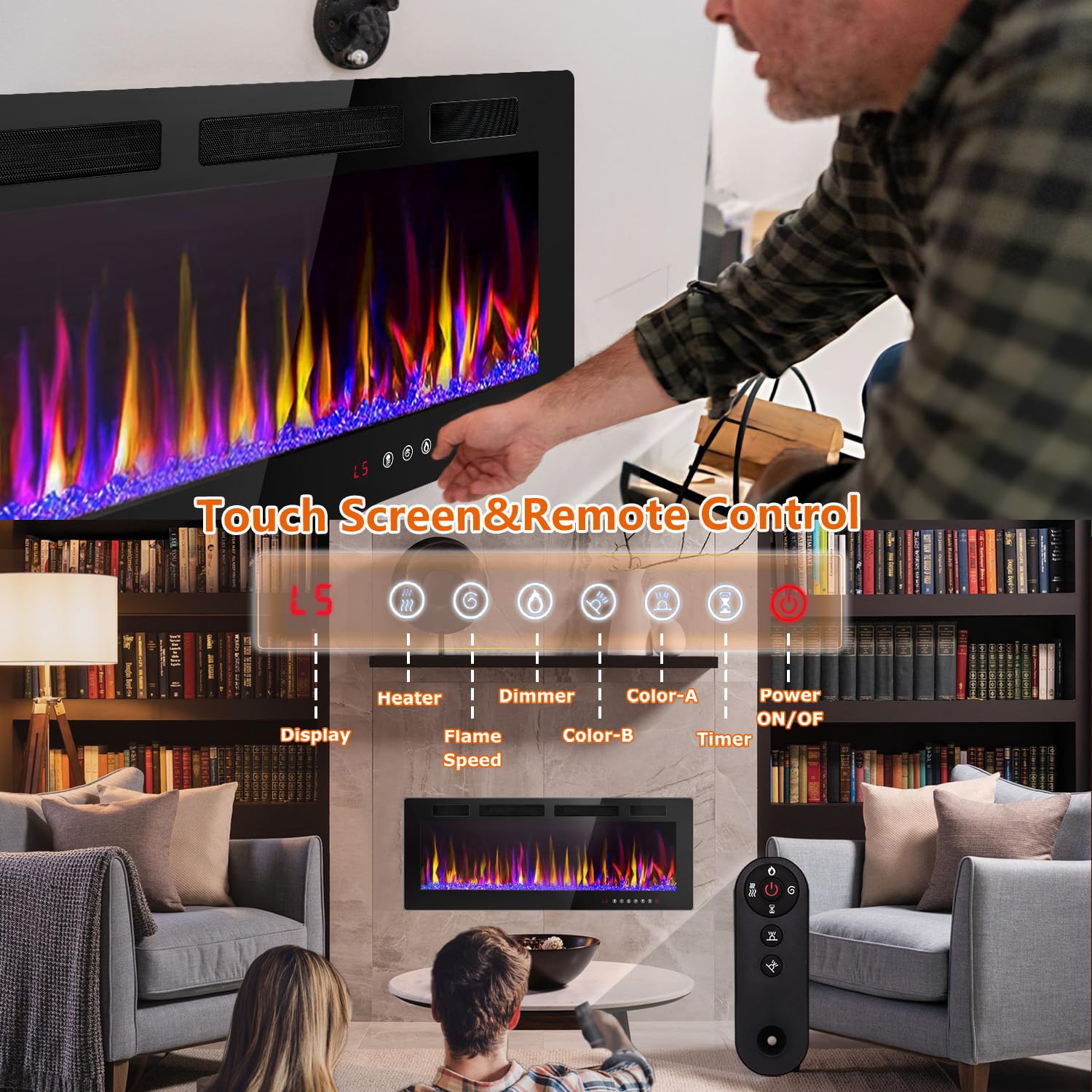 Lemberi 42 Inch Electric Fireplace Recessed And Wall Mounted,750/1500W Fireplace Heater And Linear Fireplace With Touch Screen C