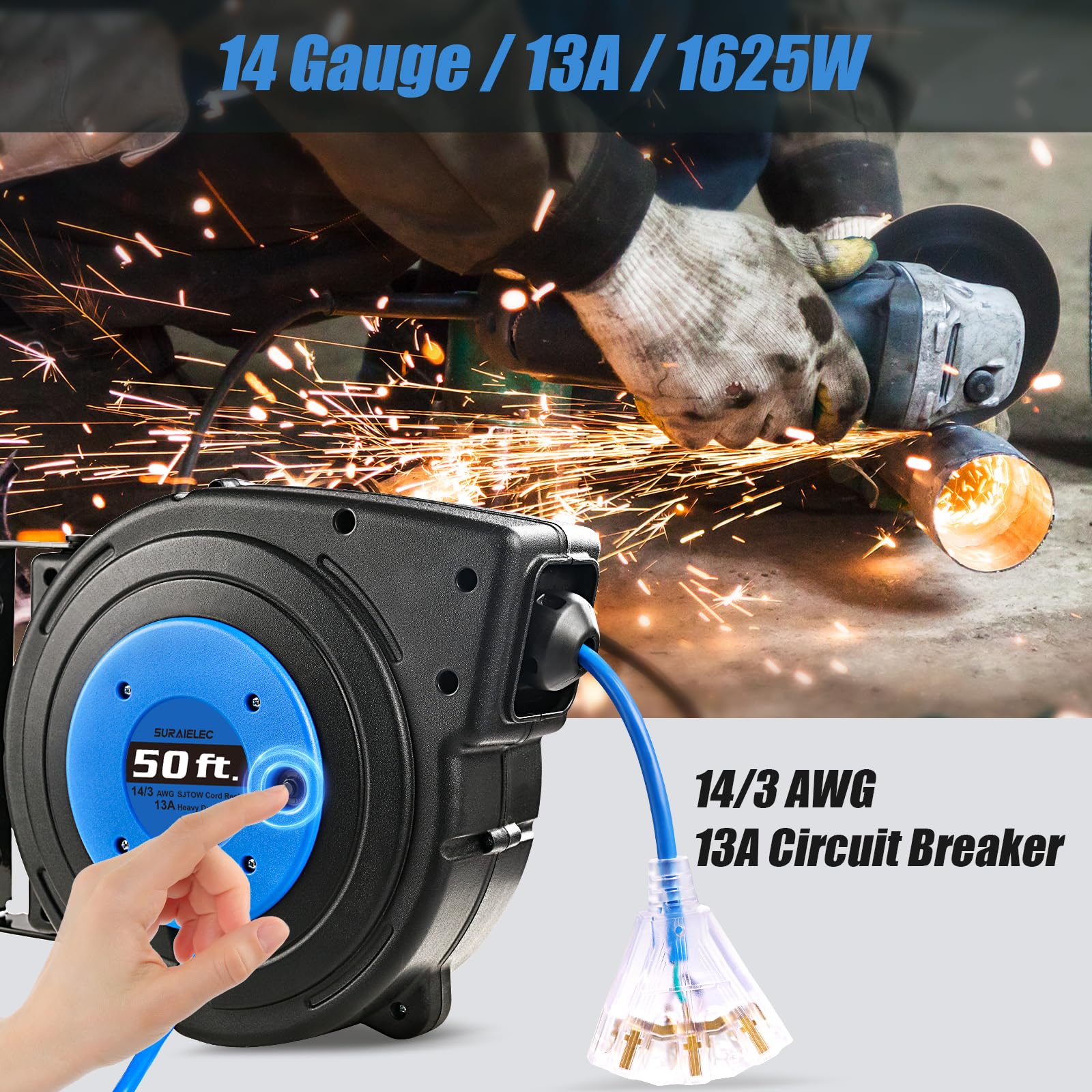 Suraielec Retractable Extension Cord Reel, 50 Ft 14 Awg/3C Sjtow Power Cord, 3 Outlets Triple Tap, 13 Amp Circuit Breaker, Ceili