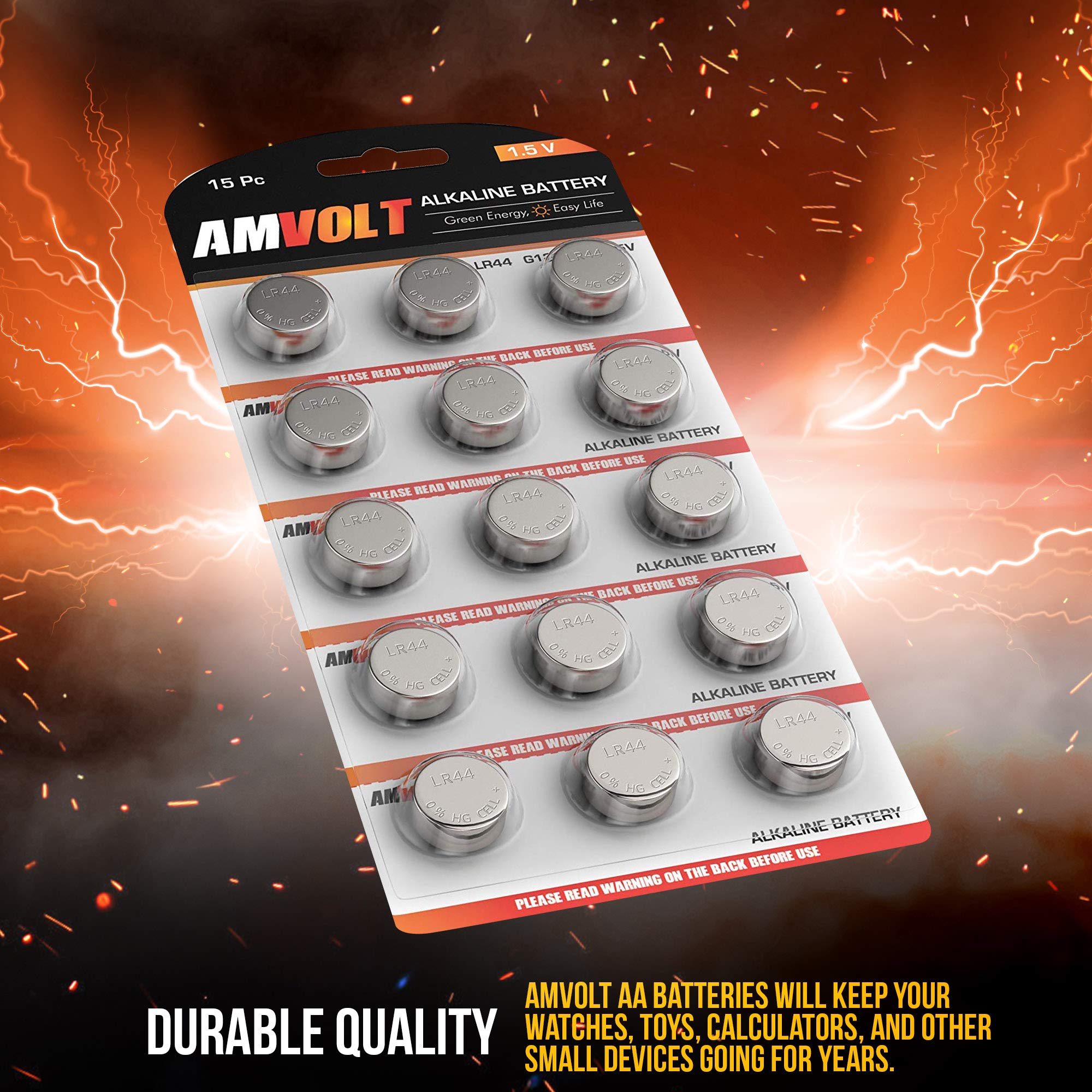 Amvolt  Pack Of 15 Lr44 Batteries Ag13 Sr44 357 303 Premium Alkaline Non Rechargeable Button Battery, 1.5 Volt Small Batteries F